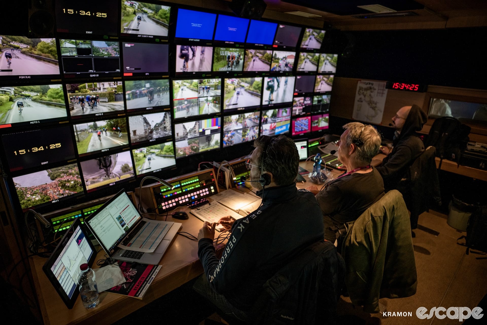 TV producers look at a wall of screens of cycling coverage.