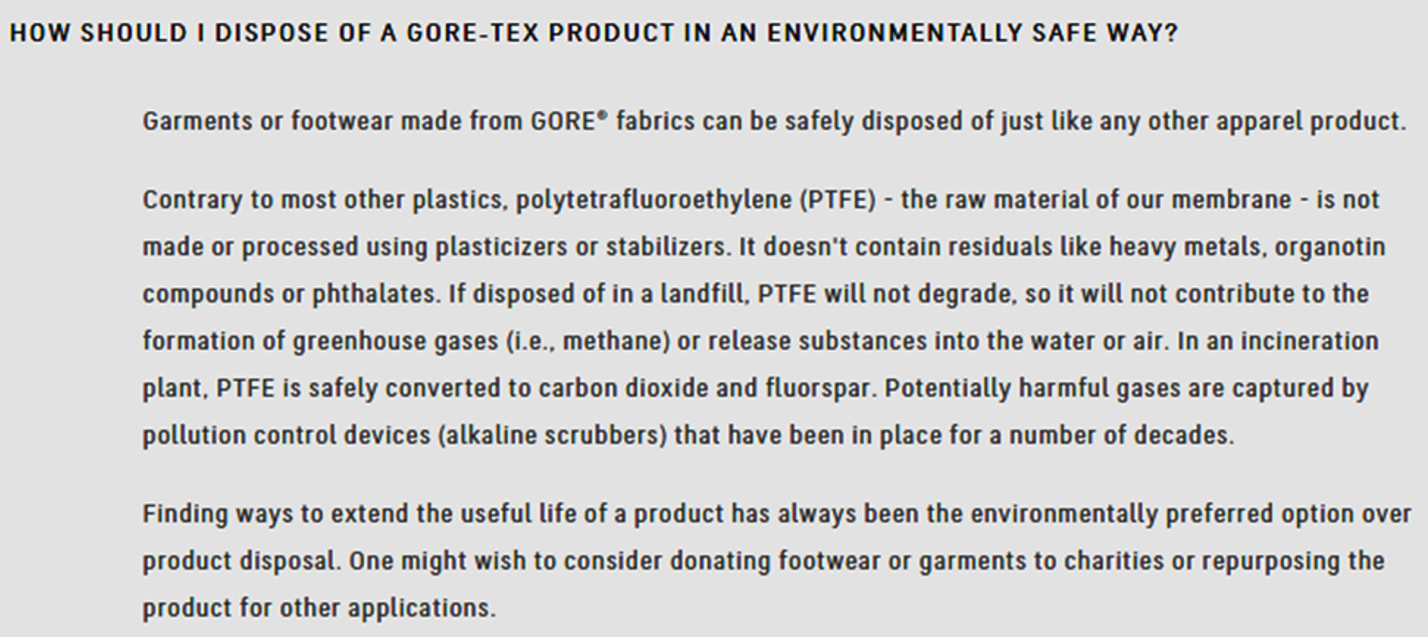 excerpt from gore's website FAQ answering "how should i dispose of a gore-tex product in an environmentally safe way"