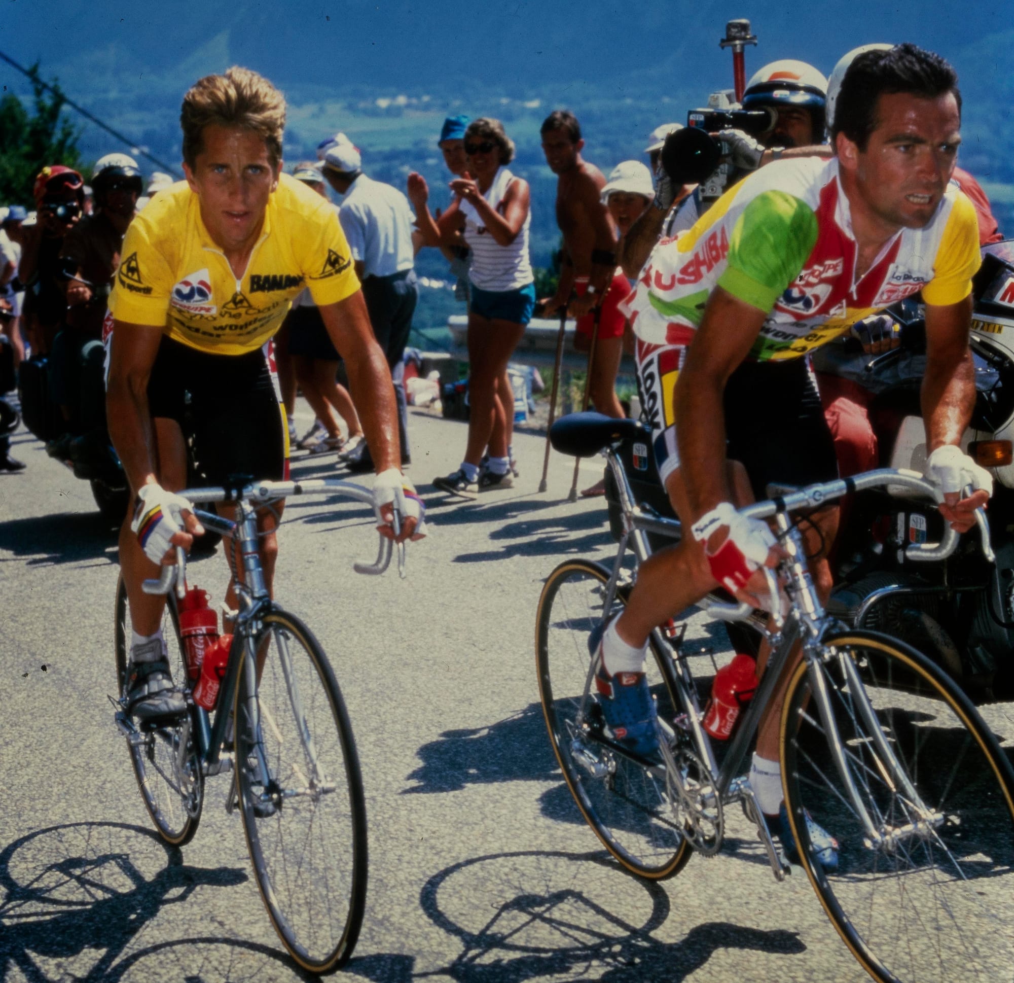LeMond and Hinault climb Alpe d'Huez during Stage 18 of the 86 Tour de France.