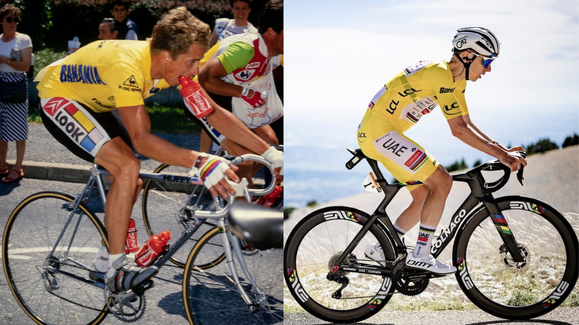 A photo of Greg LeMond, riding his 1996 Look KG86 next to a photo of Tadej Pogačar riding his Colnago Y1RS