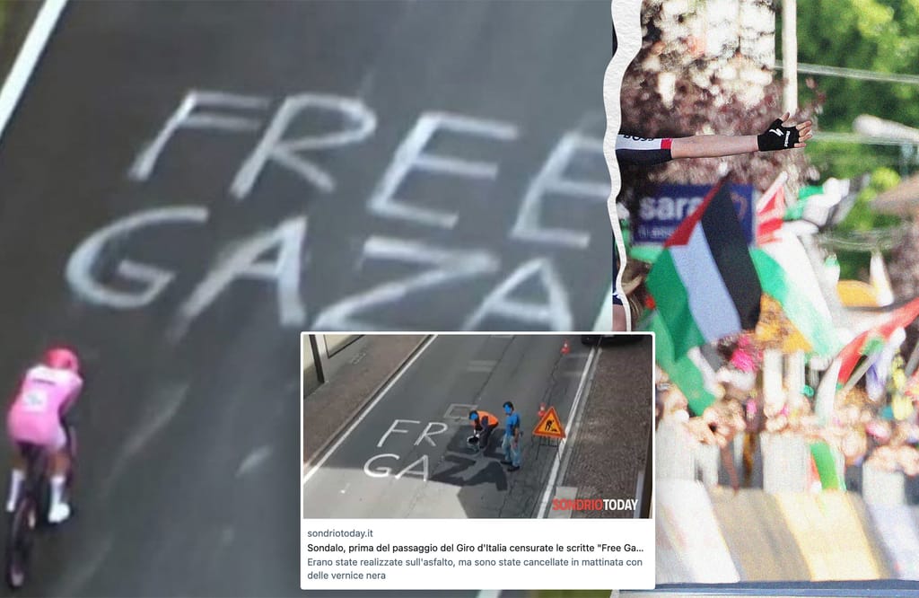 Who's covering up the Giro's Free Gaza road paint?