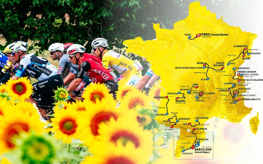 2026 Tour de France route map superimposed over sunflowers and the Tour peloton 