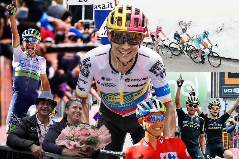 A collage of key moments in the career of retiring pro cyclist Esteban Chaves, including stage wins, leader's jerseys, and the watchful eye of his proud f