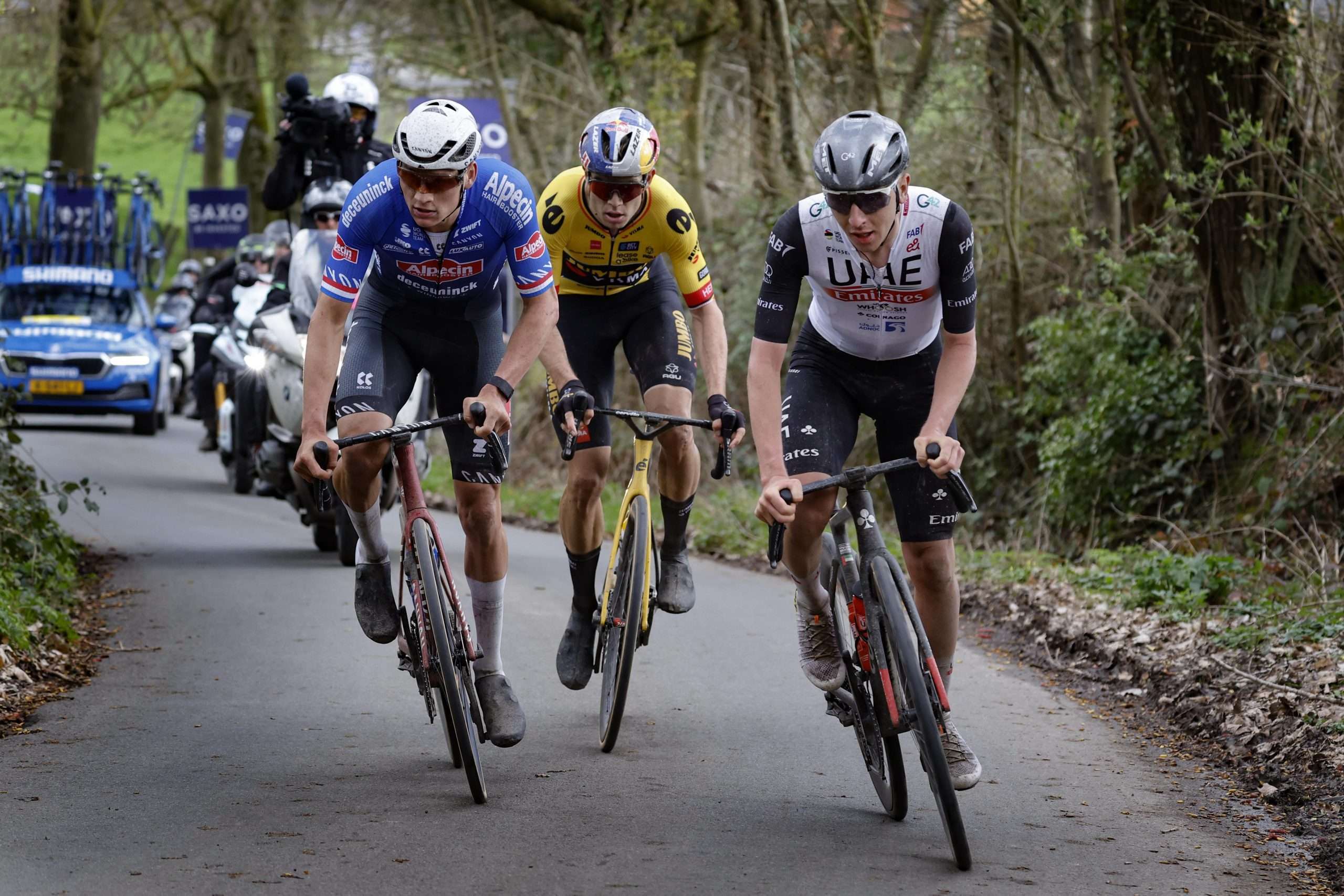 Tadej Pogačar, Mathieu van der Poel, and Wout van Aert at E3.