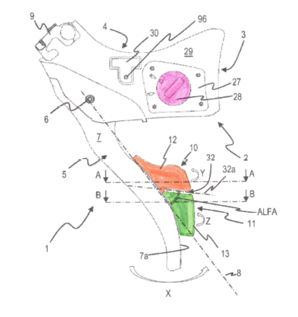 A drawing from a patent filing showing a wireless Campagnolo shifter, with shift buttons and internal battery highlighted in color.