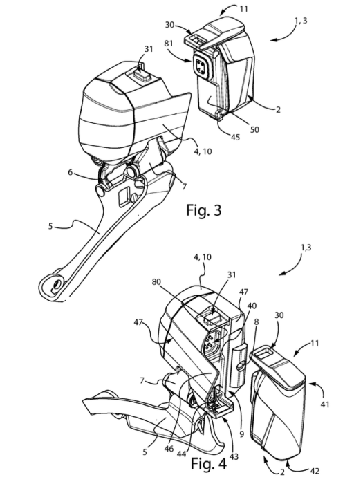 A patent schematic showing Campagnolo's new wireless front derailleur, with a forward battery attachment.