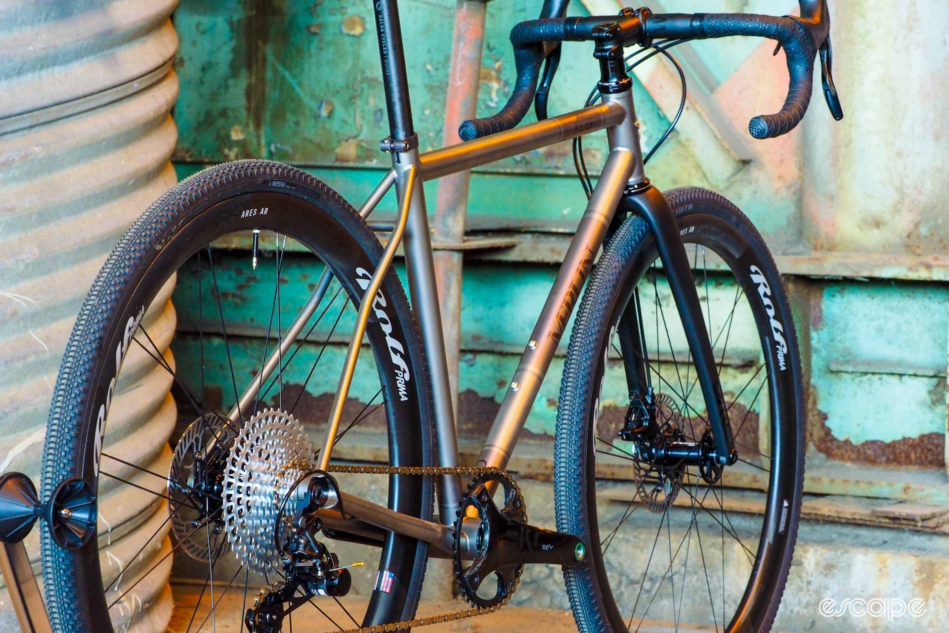 Rear three-quarter view of Merlin Sandstone XLG butted titanium gravel bike.