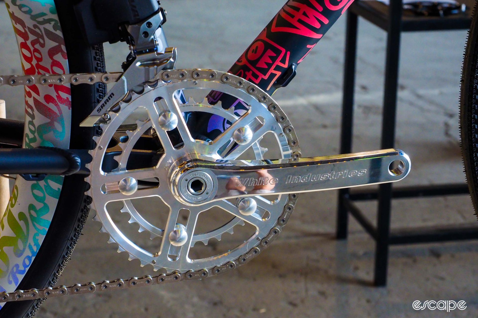 Polished aluminum White Industries crankset on a custom painted Squid Bikes aluminum gravel frame.