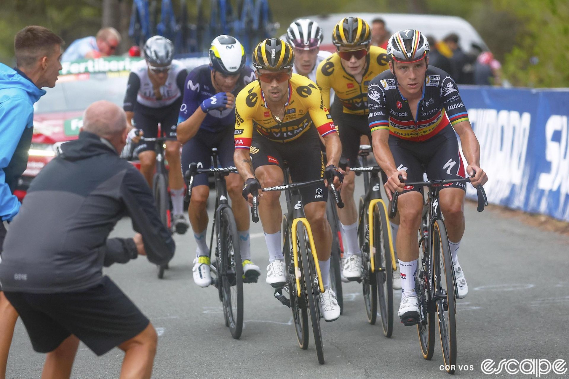 Remco Evenepoel leads Primož Roglič and Jonas Vingegaard during a Vuelta a España stage.