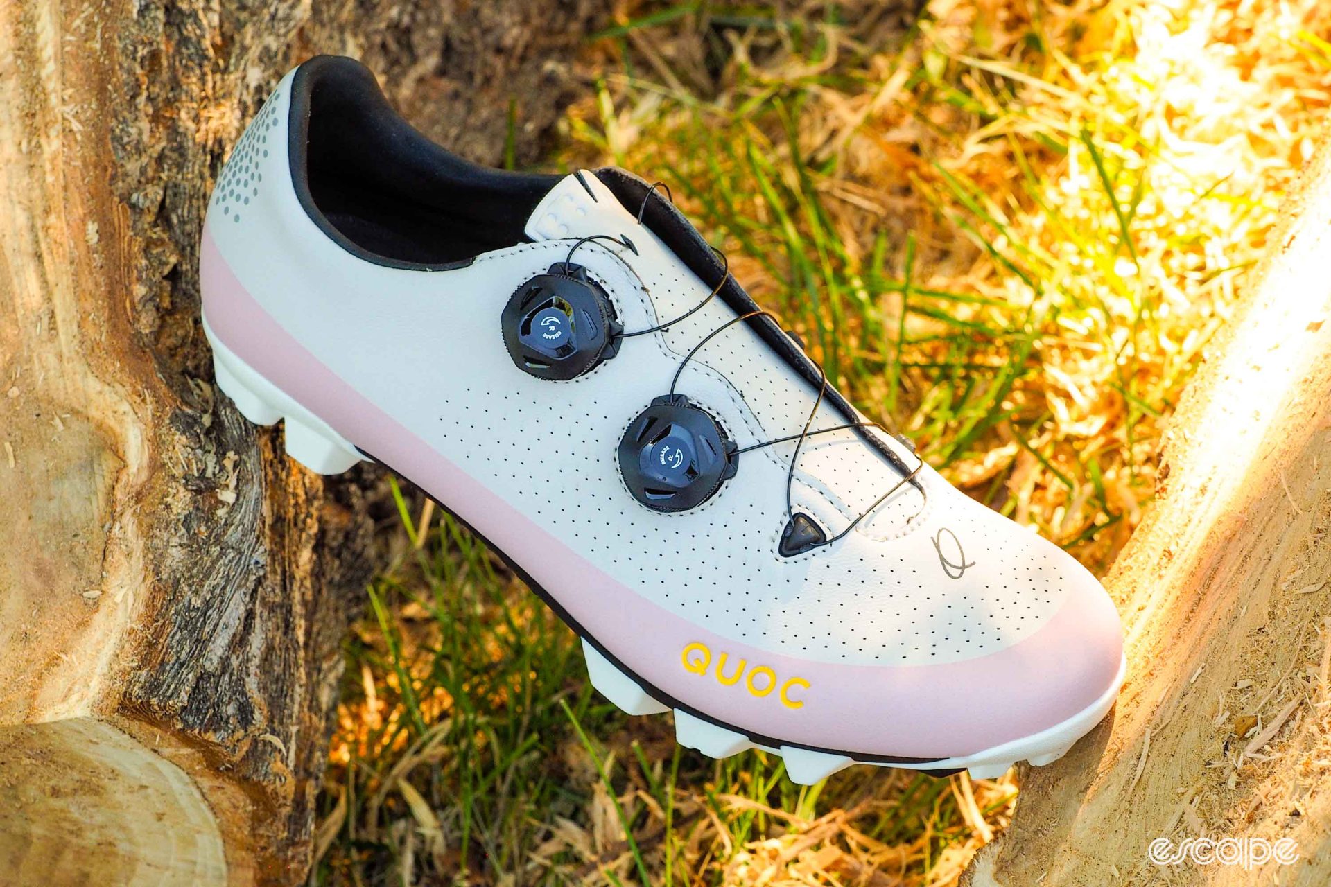 Quoc Gran Tourer XC shoe in pink on tree stump