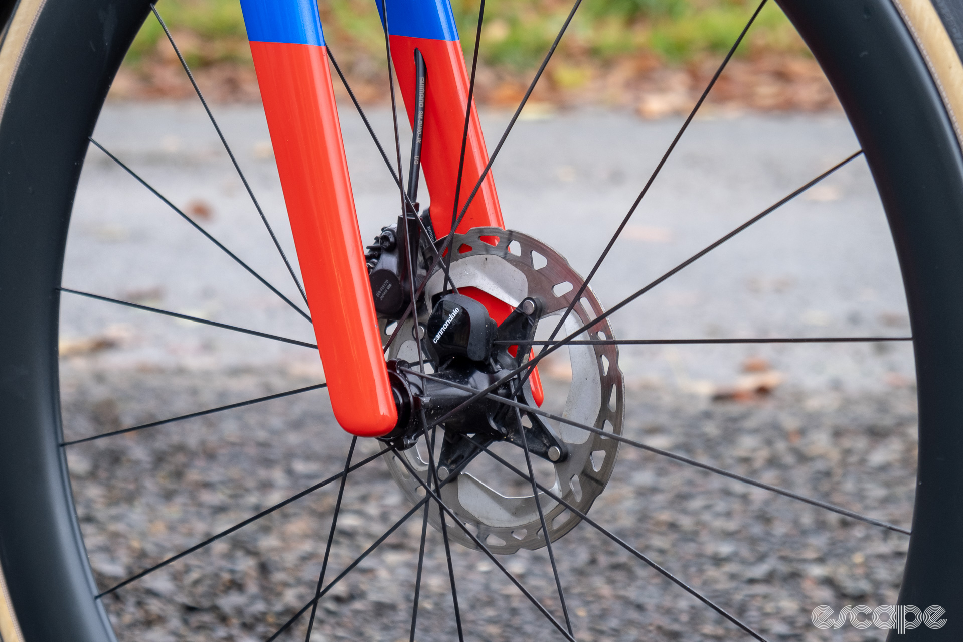 The photo shows the Cannondale/Garmin speed sensor on the HollowGram and R-SL 50 wheelset and the hidden drop out on a new Cannondale SuperSix Evo fork.