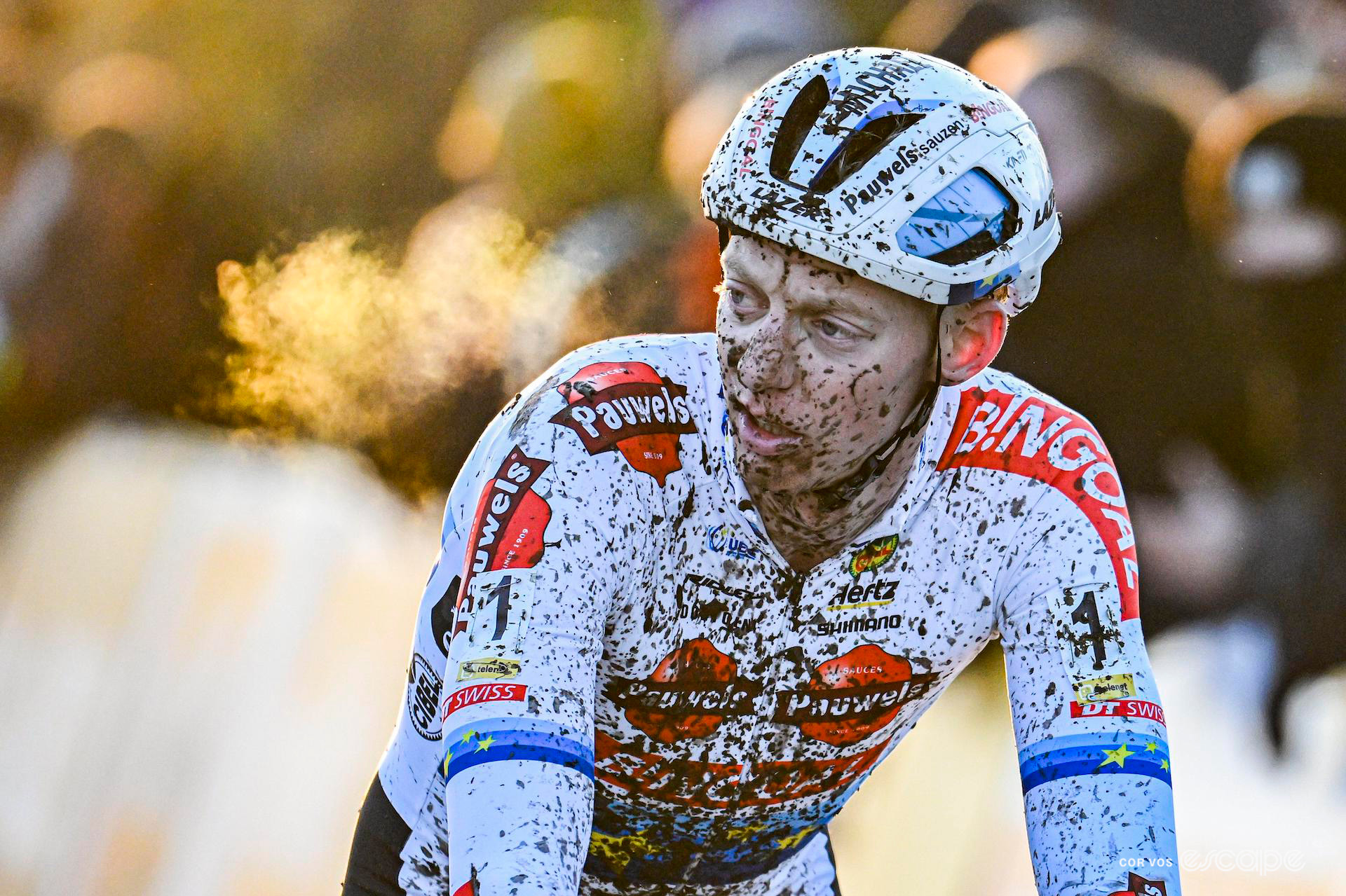 Michael Vanthourenhout emits a puff of golden breath in the freezing temperatures during Superprestige Boom.