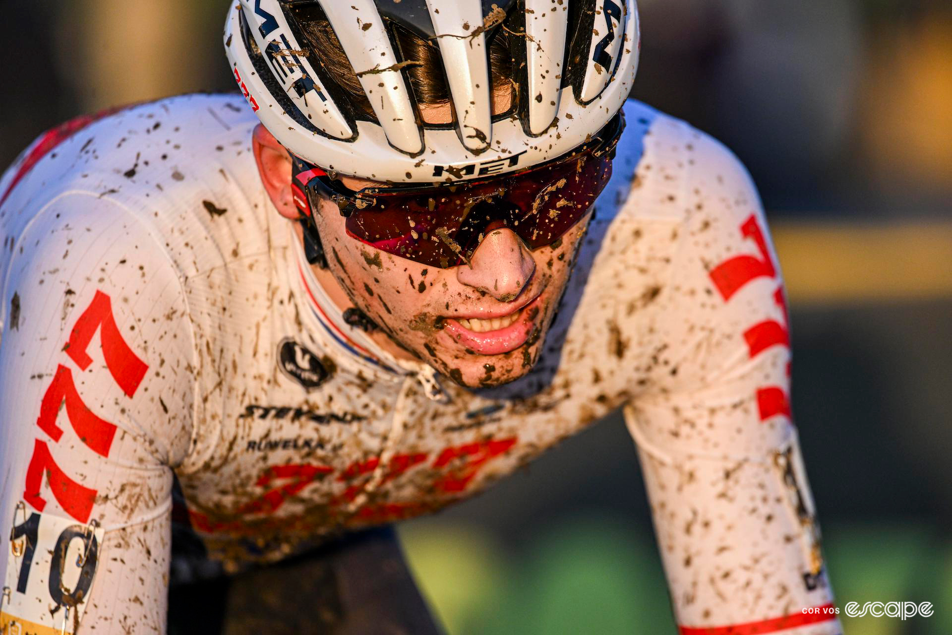 A close-up of Scottish and Cyclocross Reds rider Cameron Mason during Superprestige Boom.