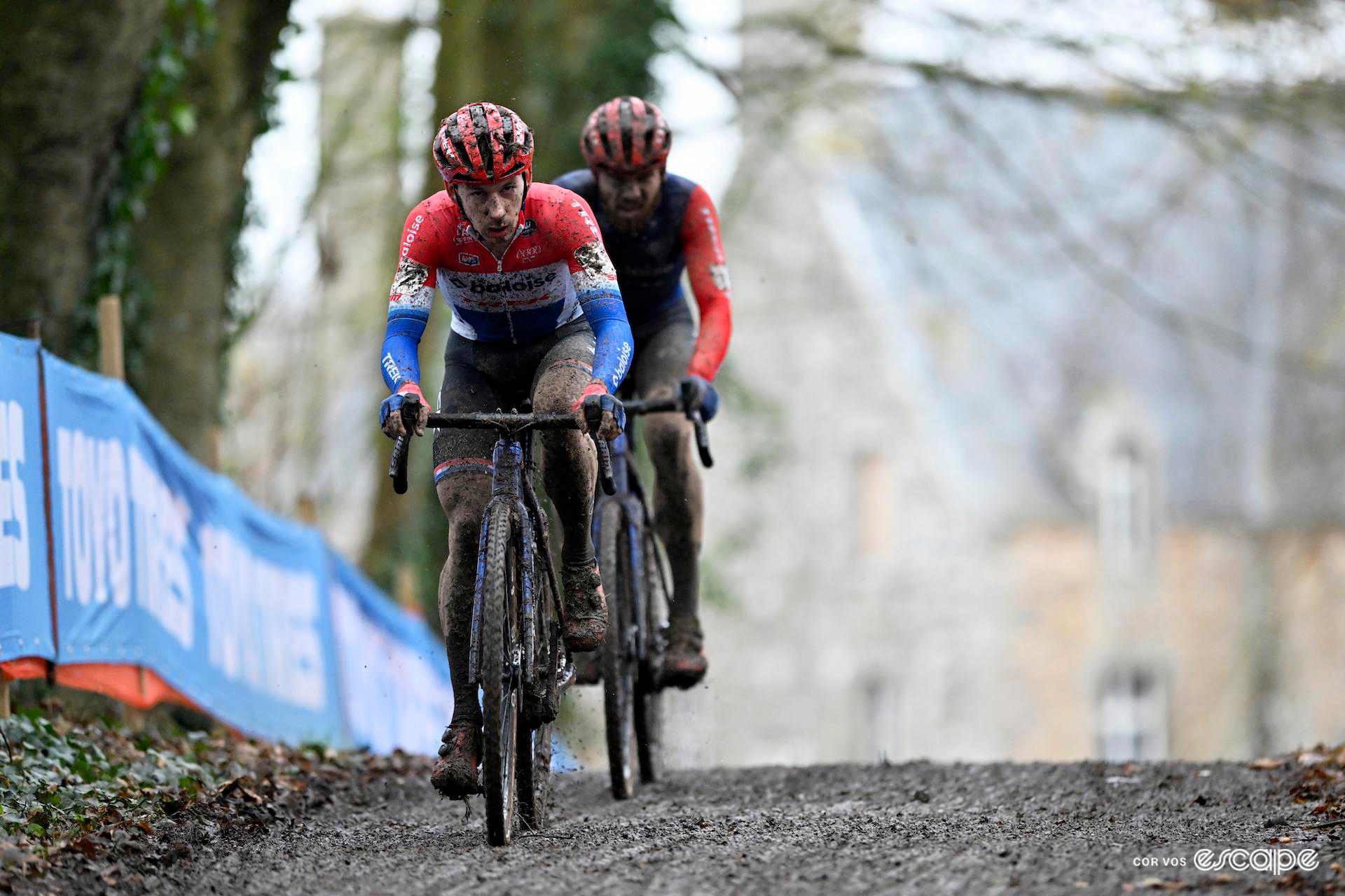 Lars van der Haar and Joris Nieuwenhuis of Baloise Trek Lions ride together during Cyclocross World Cup Flamanville.