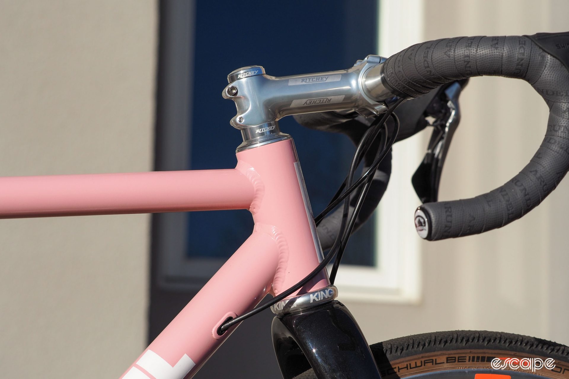 Ritchey Classic stem and silver Chris King headset on pink Vynl gravel bike