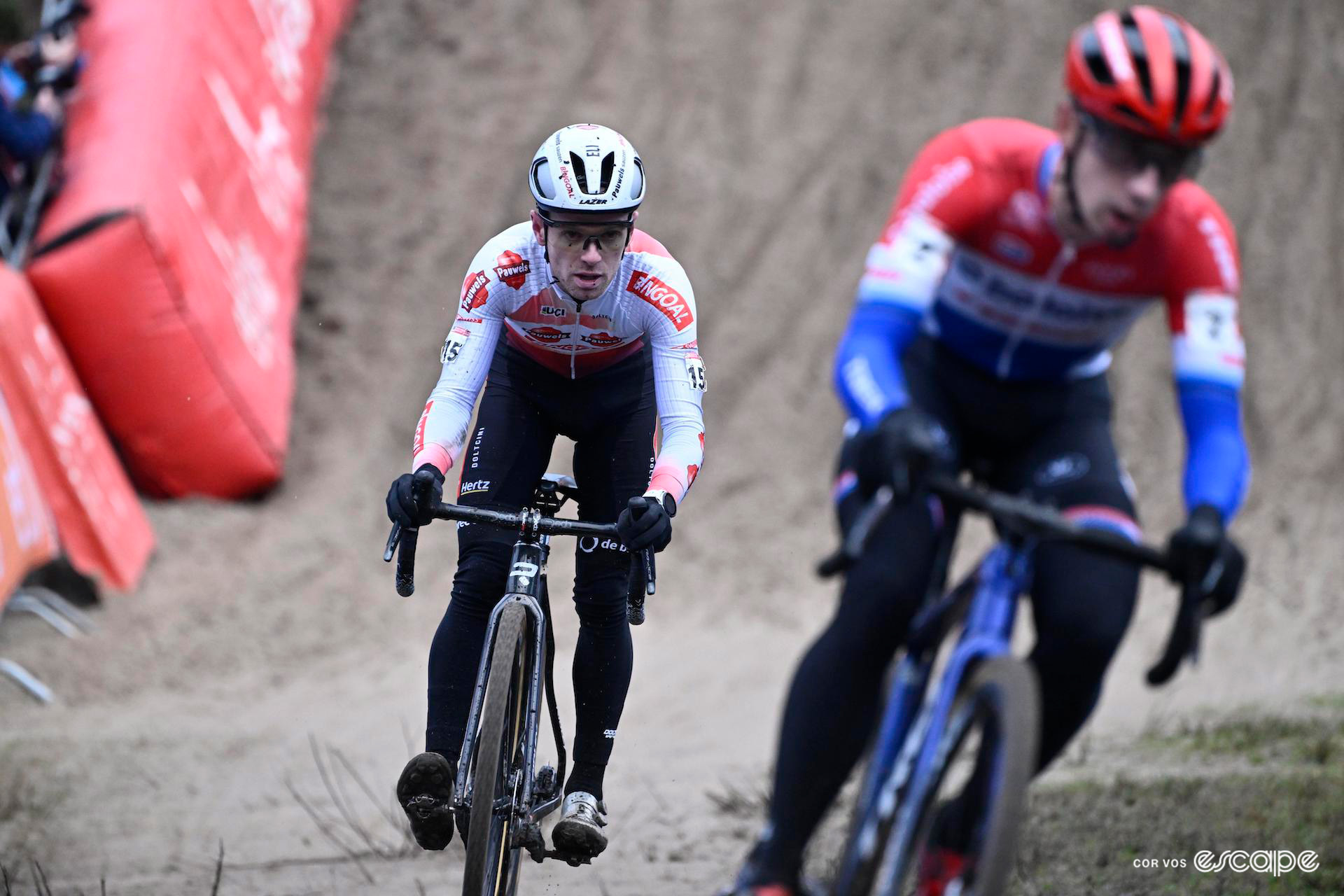 UCI World Cup leader Eli Iserbyt follows Dutch national champion Lars van der Haar during UCI World Cup Zonhoven.