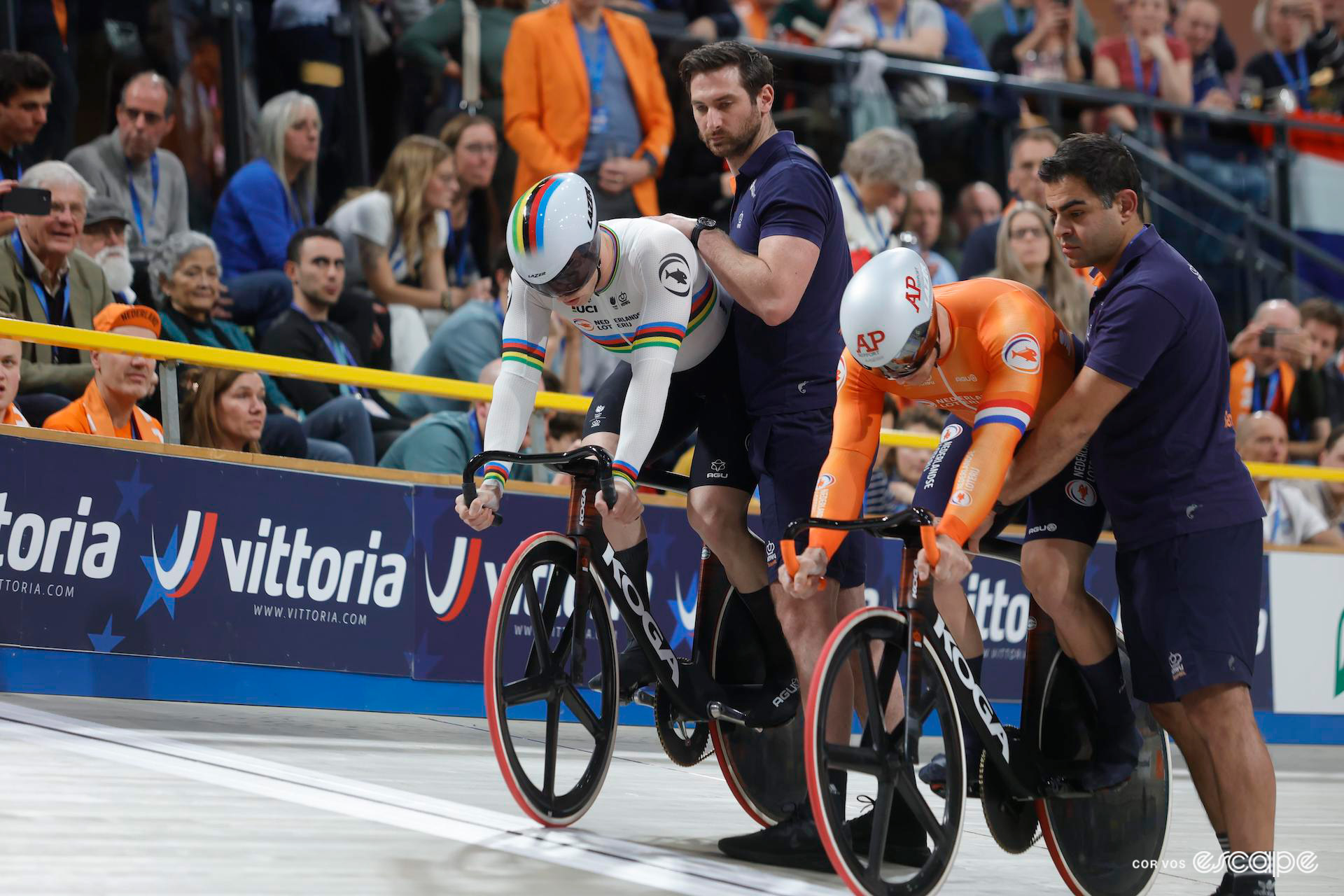 World Sprint champion Harrie Lavreysen and Dutch compatriot Jeffrey Hoogland await the start of their Individual Sprint semi-final in the 2024 European Track Championships.