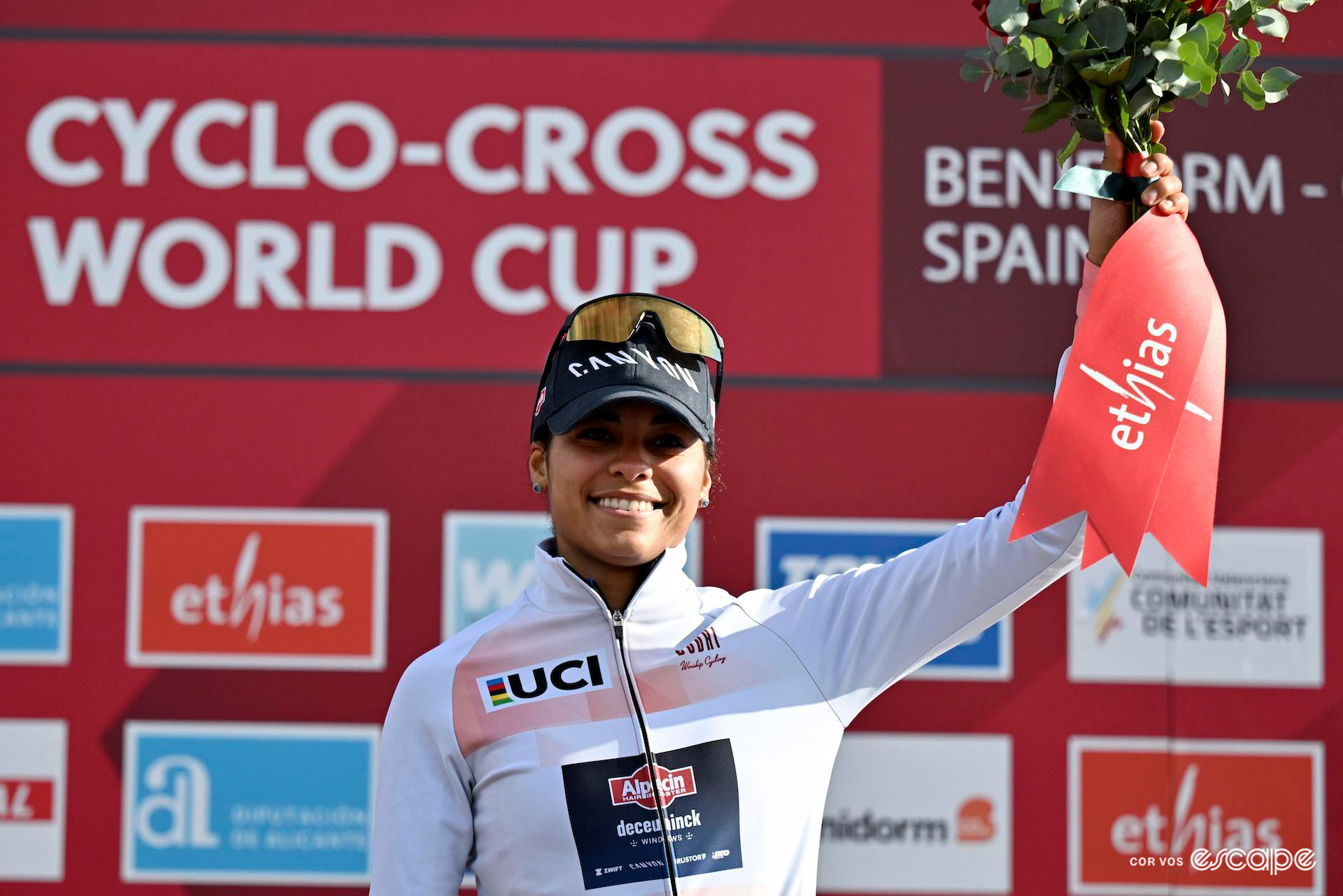 Ceylin del Carmen Alvarado in the World Cup leader's jersey at CX World Cup Benidorm.