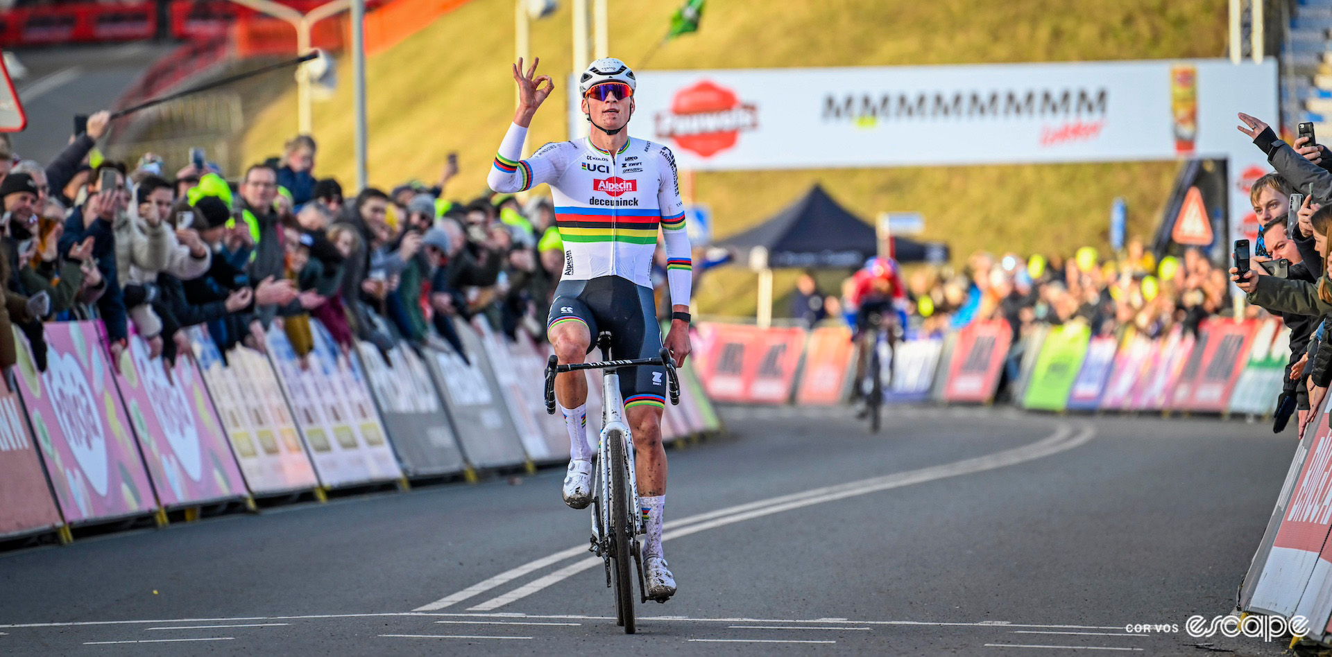 World champion Mathieu van der Poel celebrates winning CX World Cup Hoogerheide.