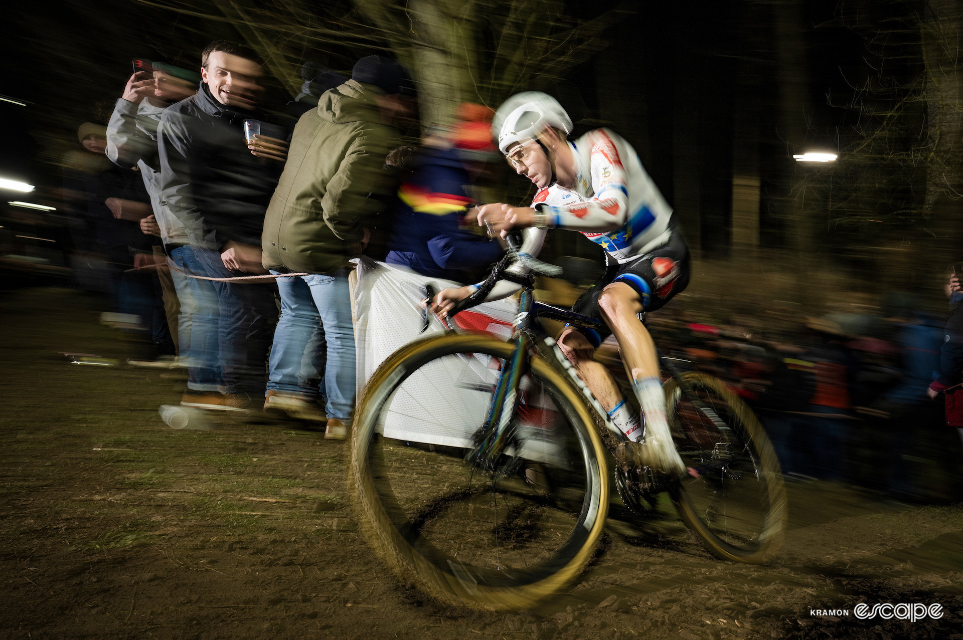 Michael Vanthourenhout racing under floodlights at the nighttime Superprestige Diegem.