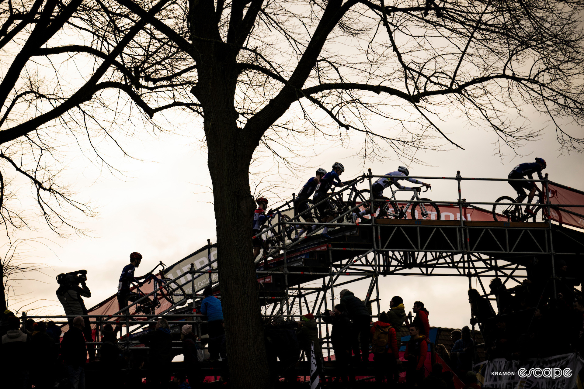 The elite men on the flyover during CX World Cup Hulst.