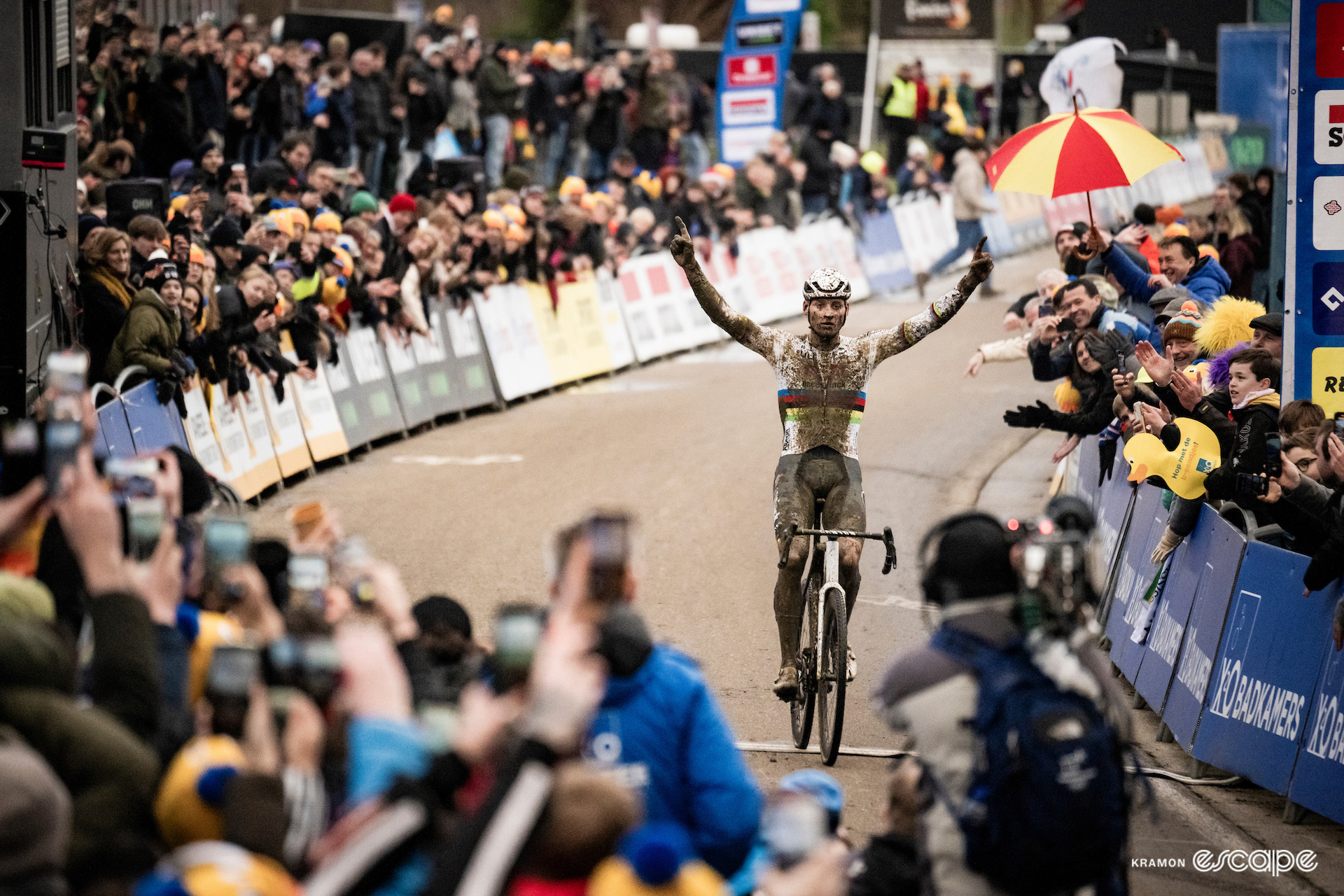 World champion Mathieu van der Poel celebrates winning the GP Sven Nys, X2O Trofee Baal.