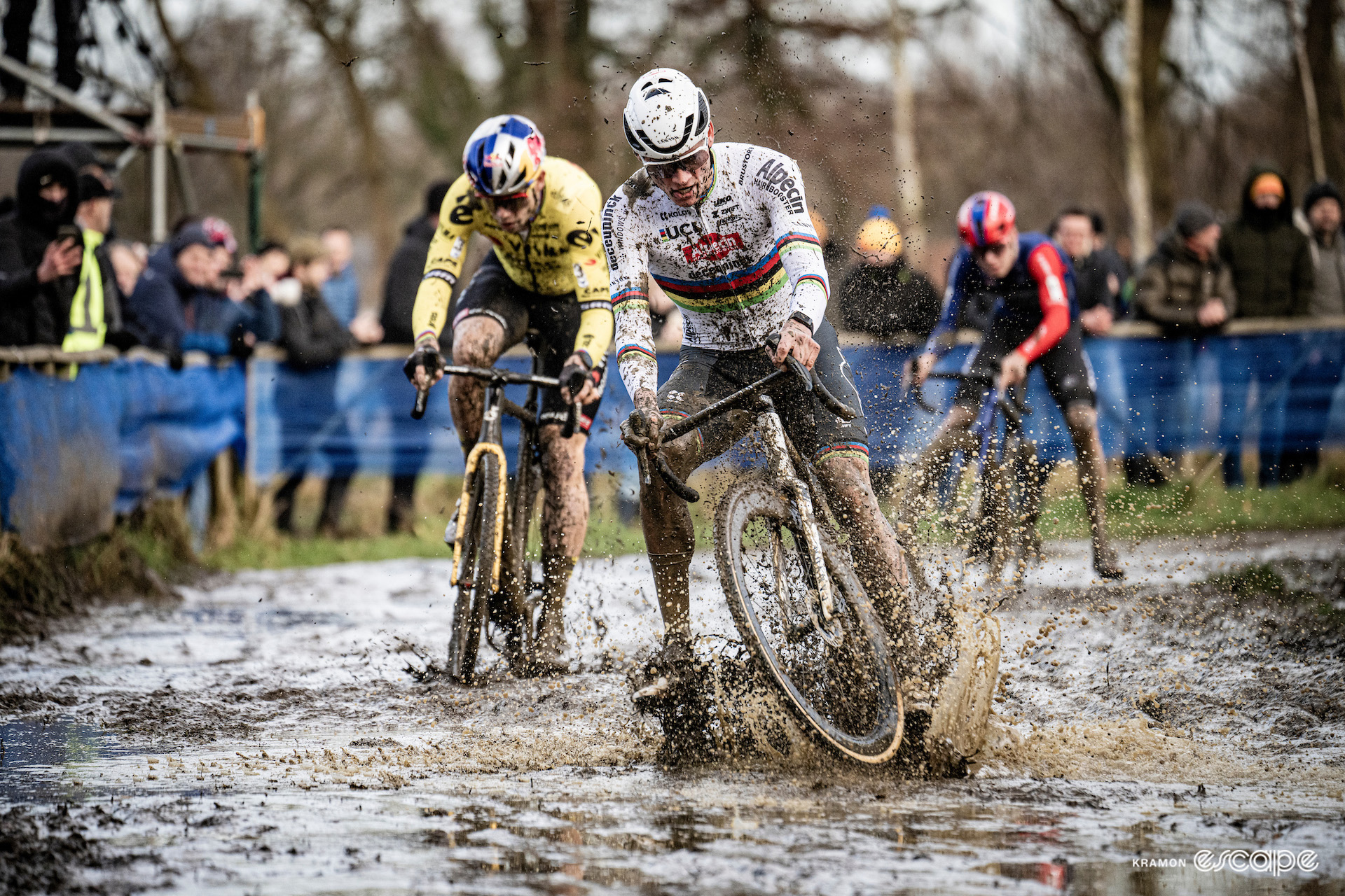 World champion Mathieu van der Poel leads Wout van Aert and Pim Ronhaar through deep, wet mud during the GP Sven Nys, X2O Trofee Baal.