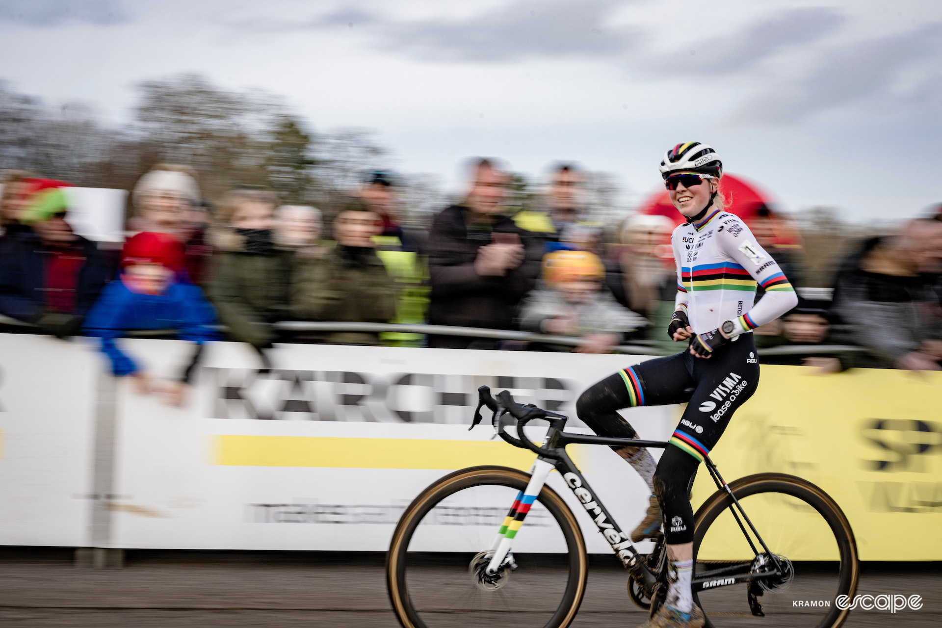 CX world champion Fem van Empel sits up to celebrate victory at X2O Trofee Koksijde - Vlaamse Duinencross.