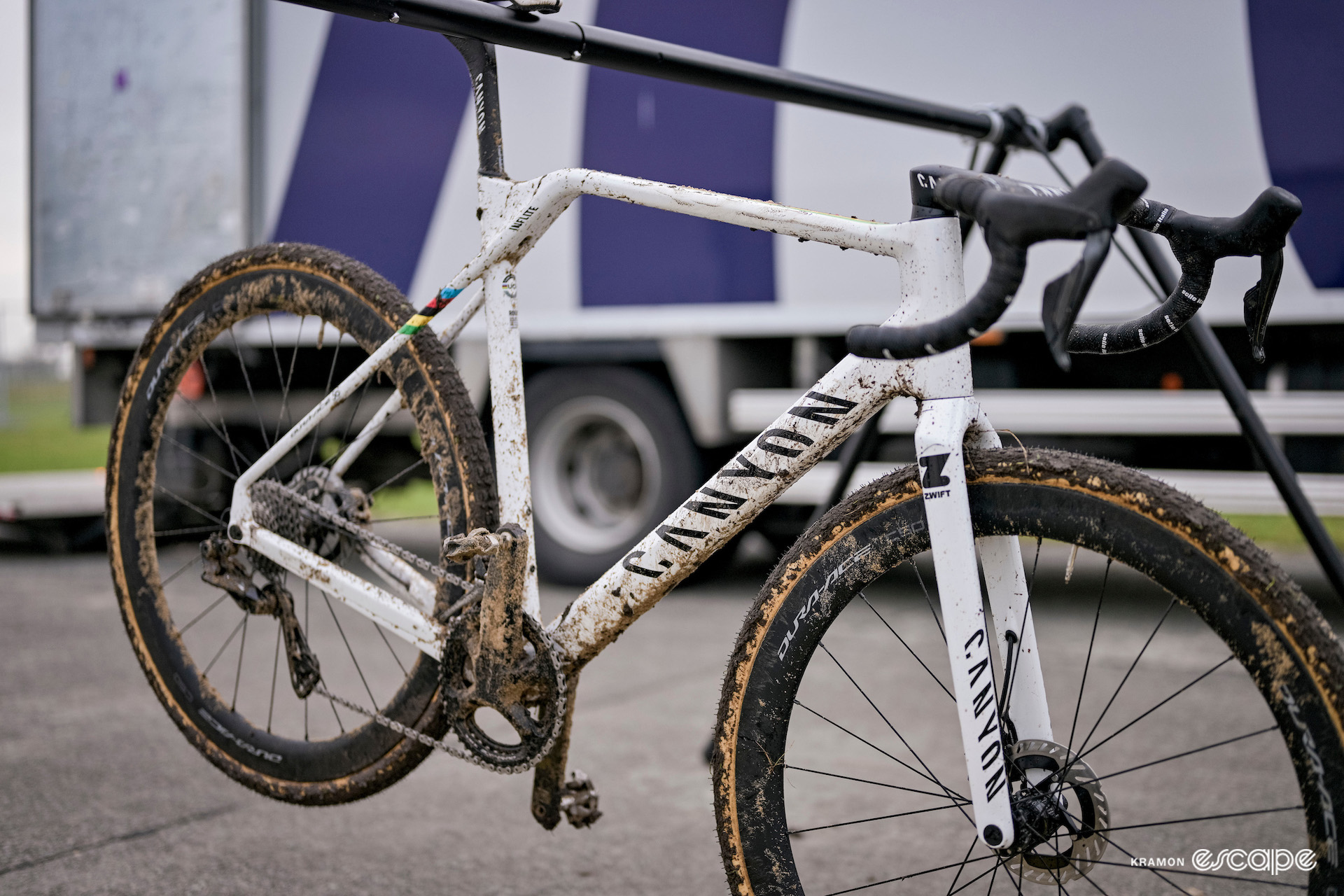 The Canyon Inflite bike of X2O Trofee Koksijde - Vlaamse Duinencross winner Mathieu van der Poel hanging from a bar in the podium area after the race.