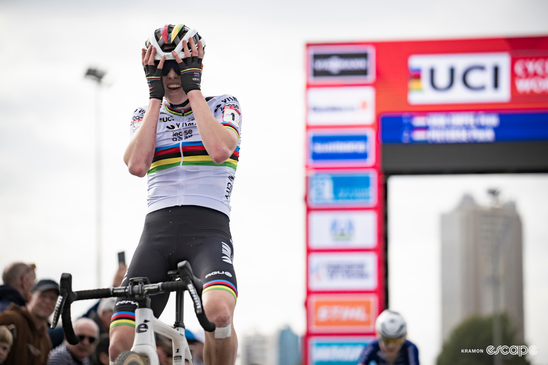 World champion Fem van Empel celebrates winning CX World Cup Benidorm.