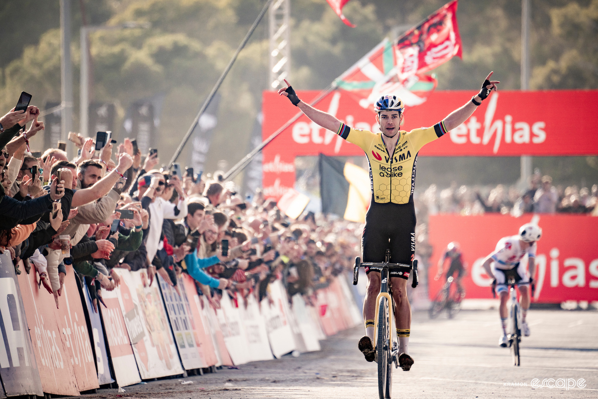 Wout van Aert celebrates winning CX World Cup Benidorm.