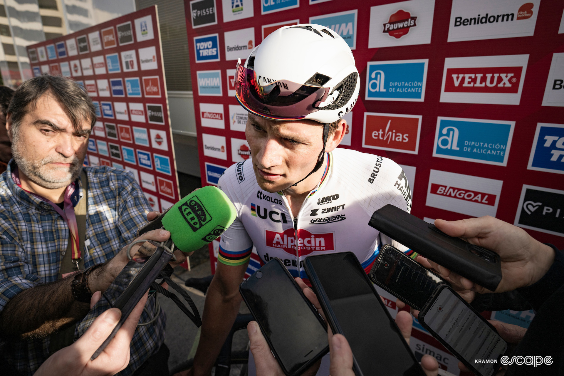 Mathieu van der Poel with reporters after CX World Cup Benidorm.