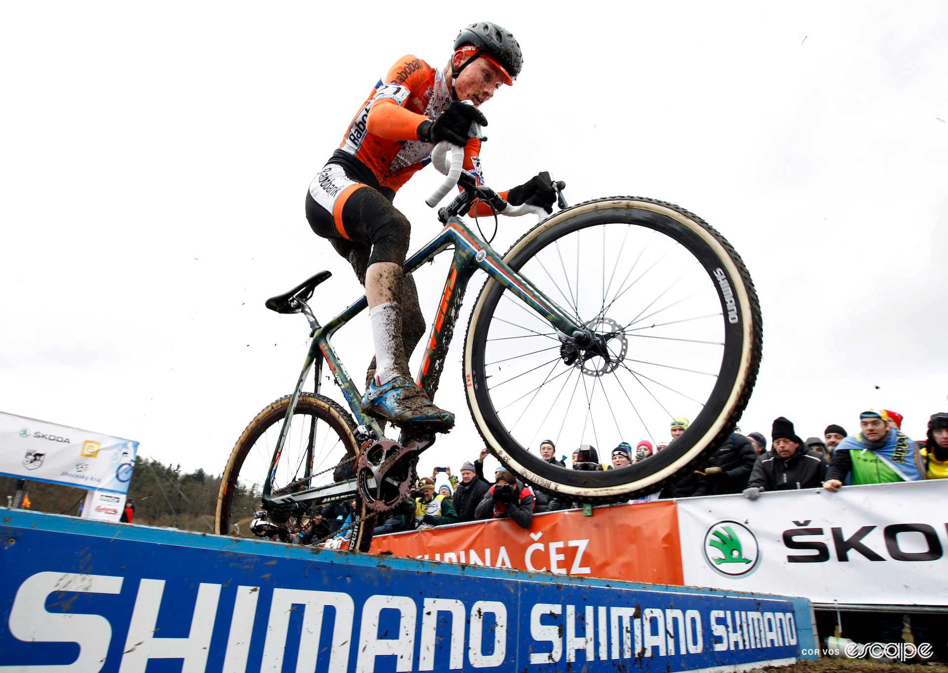 A 20-year-old Mathieu van der Poel hopping the barriers during the 2015 Cyclocross World Championships in Tábor.