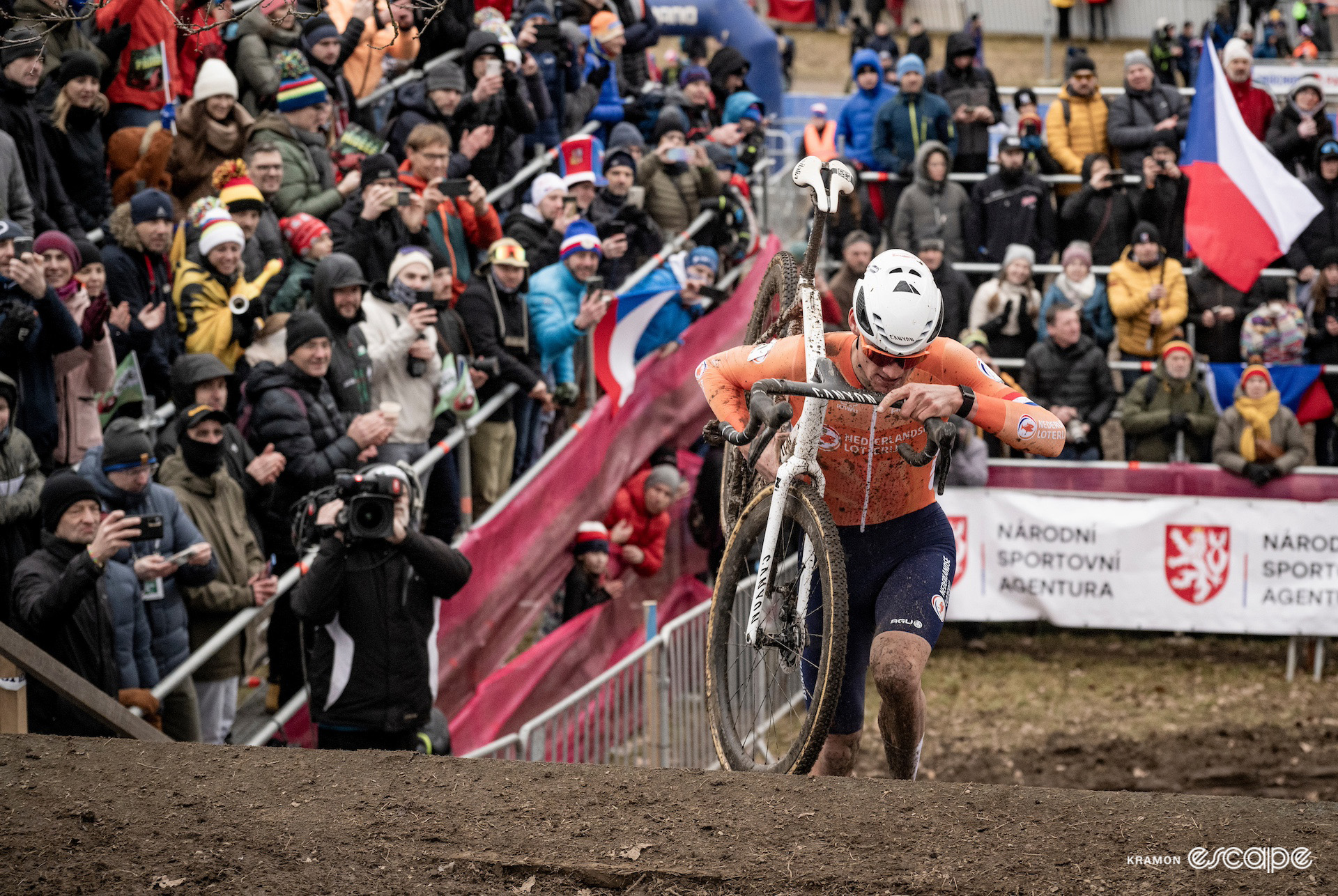 Mathieu van der Poel runs the steps during the 2024 Cyclocross World Championships in Tábor.