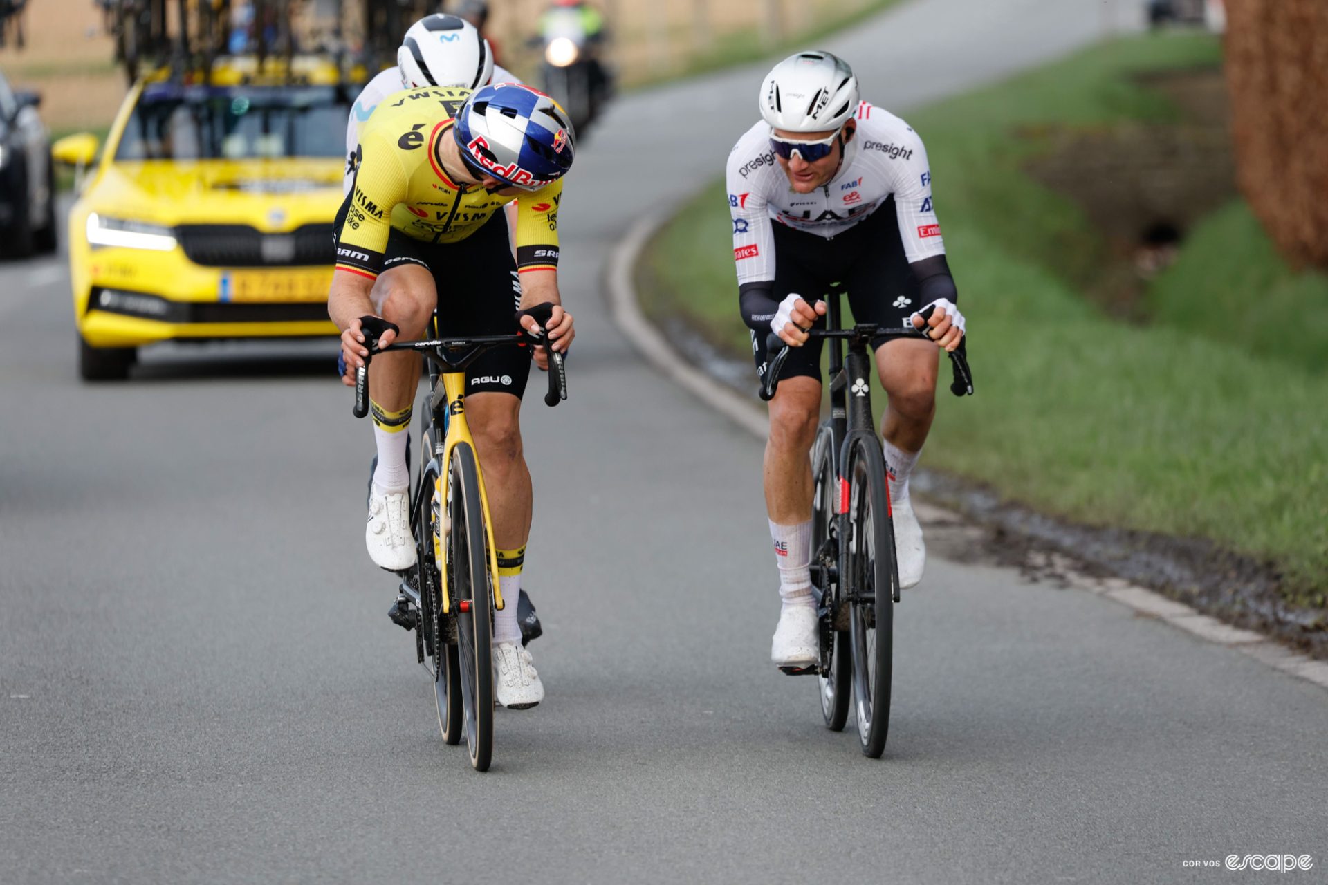 Wout van Aert, Tim Wellens, and Oier Lazkano in the lead group at Kuurne-Brussel-Kuurne.