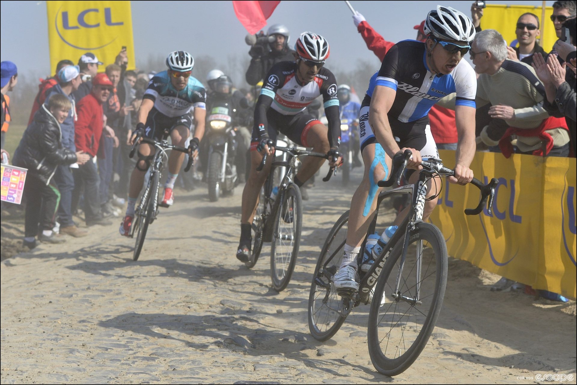 Zdeněk Štybar with Sep Vanmarcke and Fabian Cancellara at Paris-Roubaix in 2013.