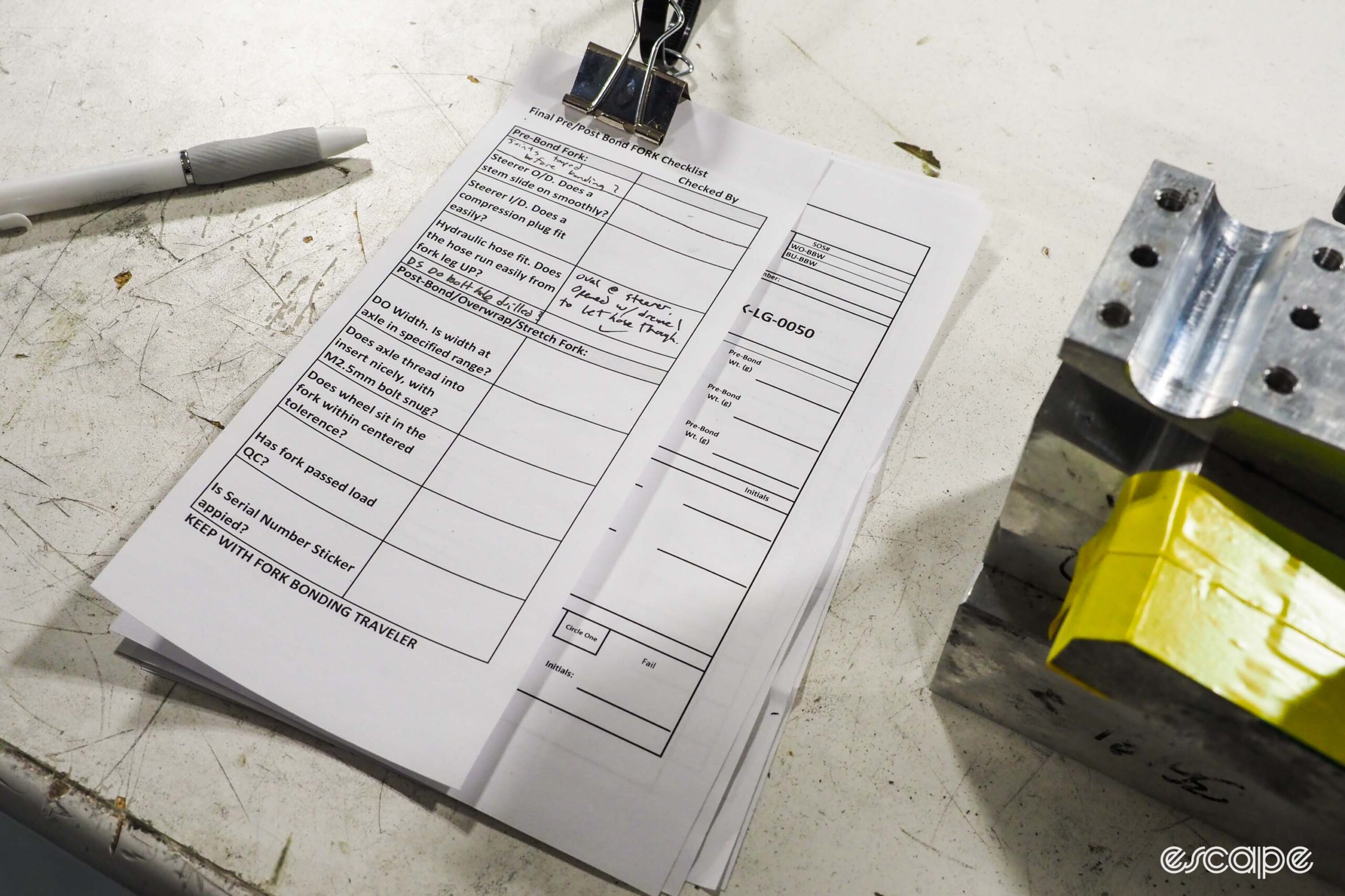 Bridge Bike Works QC paperwork