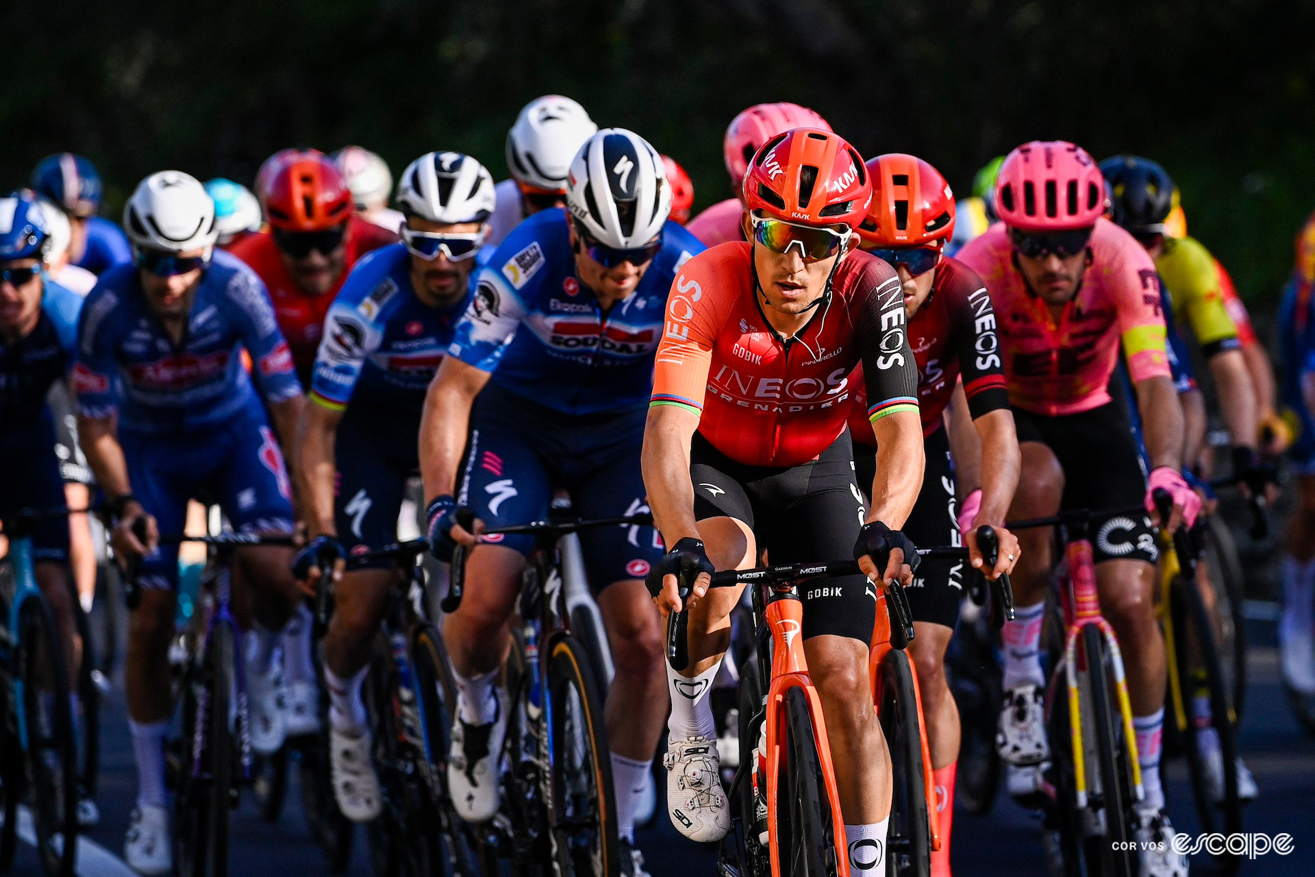 Michał Kwiatkowski leads the peloton during Milan-San Remo 2024.