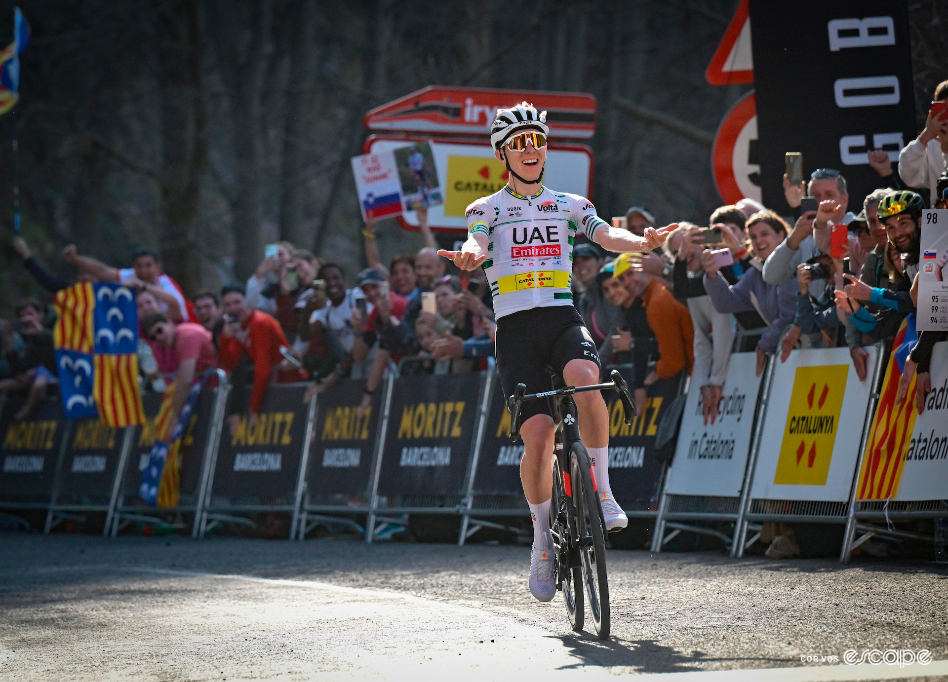 Tadej Pogačar celebrates winning stage 6 of Volta a Catalunya.