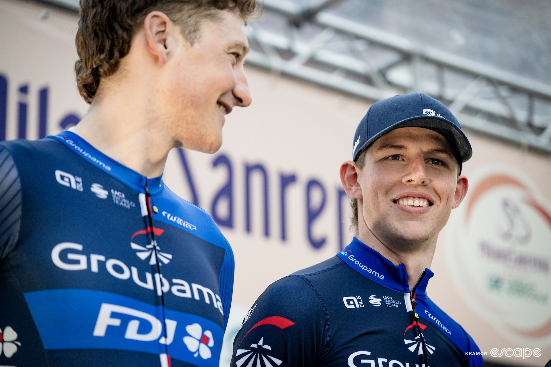 Stefan Küng and Laurence Pithie at the team presentation for Milan-San Remo 2024.