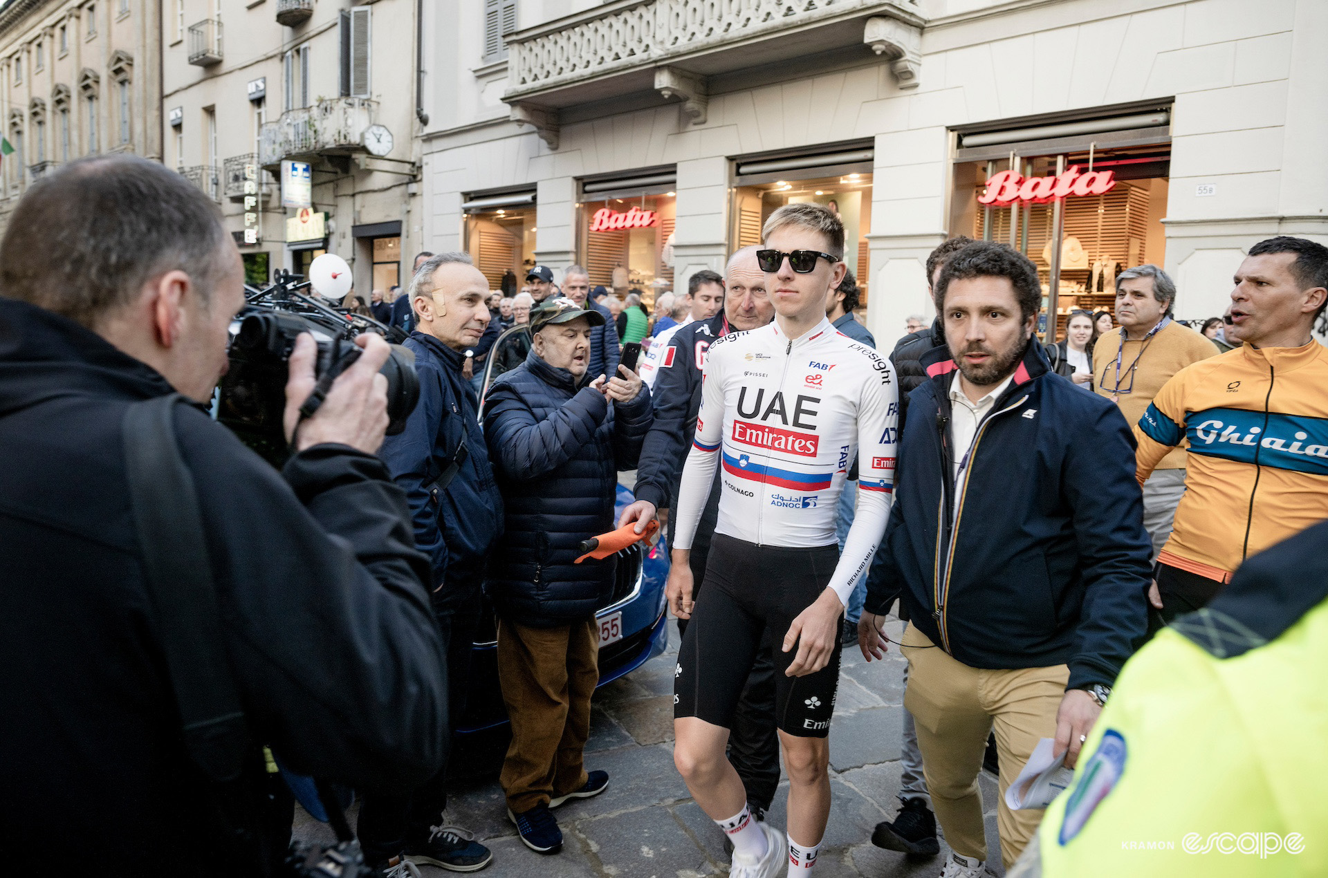 Tadej Pogačar at the team presentation for Milan-San Remo 2024.