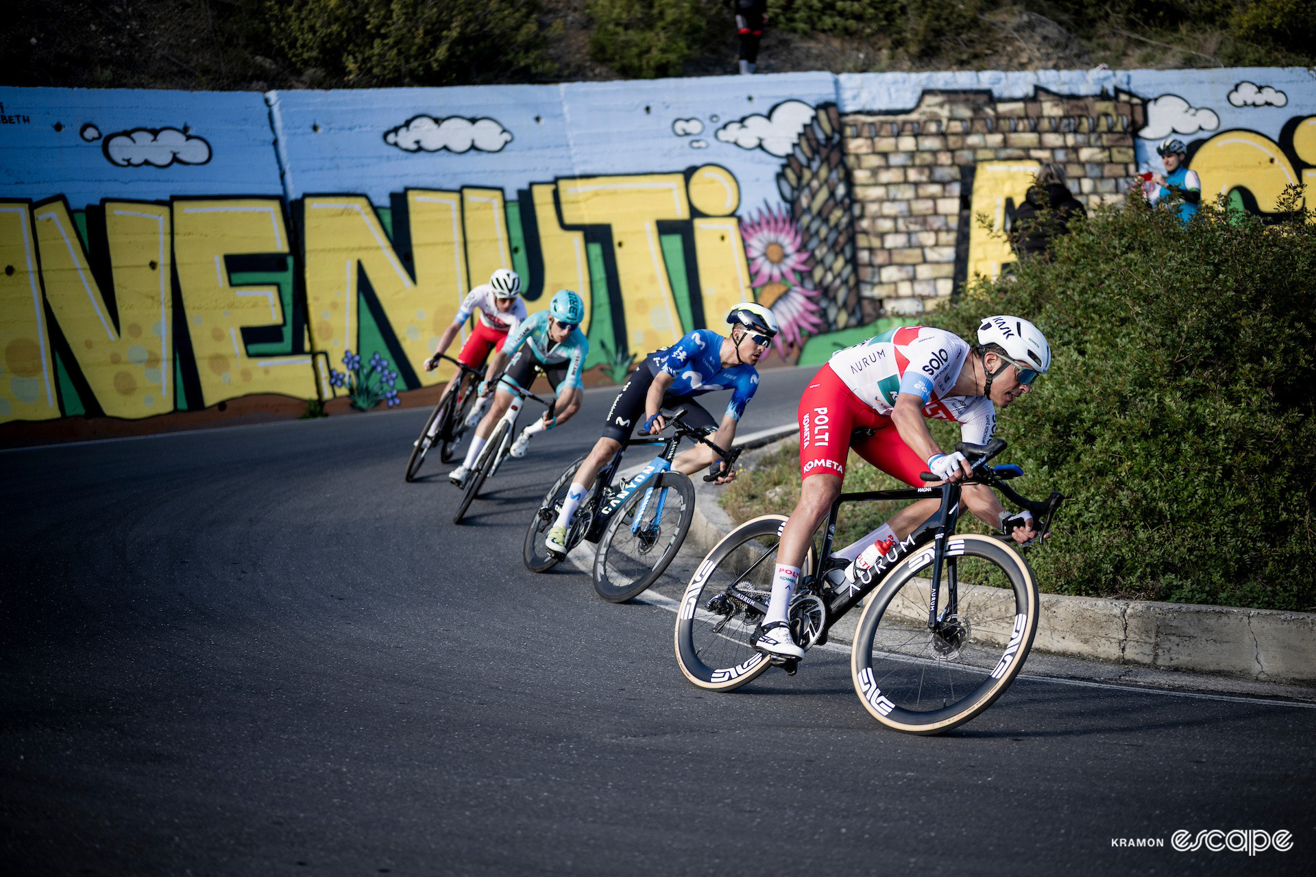 The breakaway descends off the Cipressa during Milan-San Remo 2024.