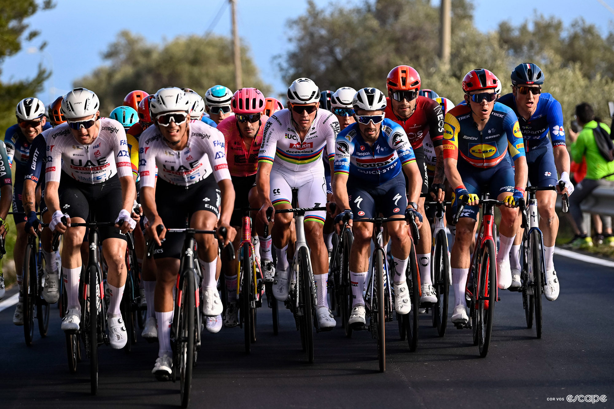 The peloton led by UAE Team Emirates during Milan-San Remo 2024.