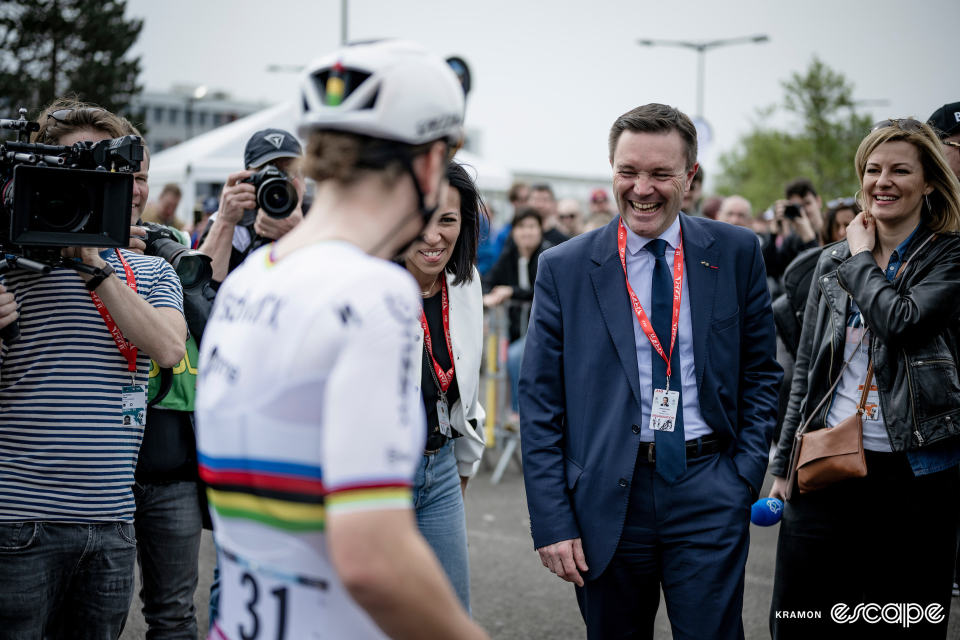 David Lappartient and Lotte Kopecky at Paris-Roubaix.