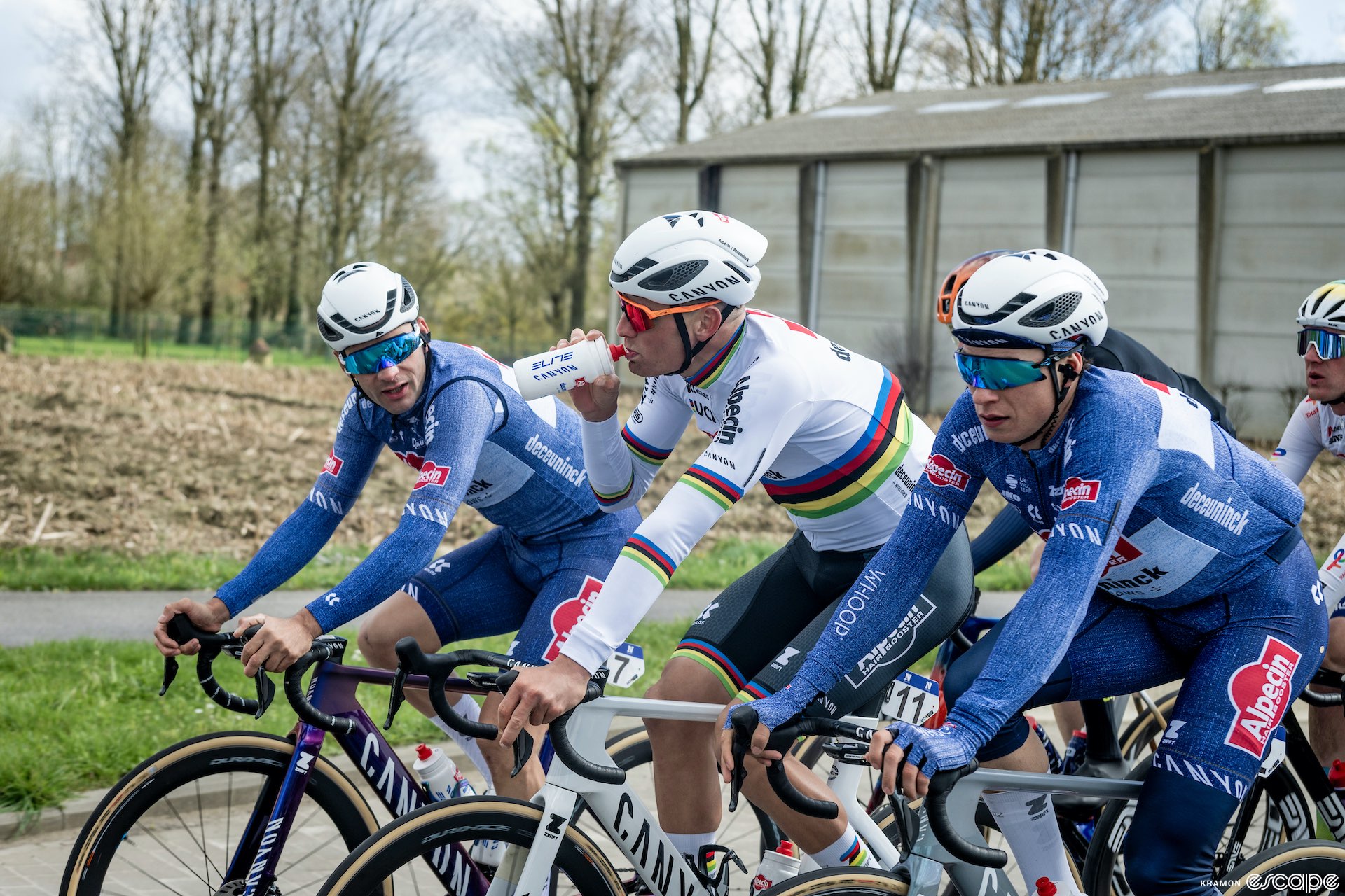 Gianni Vermeersch, Mathieu van der Poel, and Jasper Philipsen at Gent-Wevelgem.