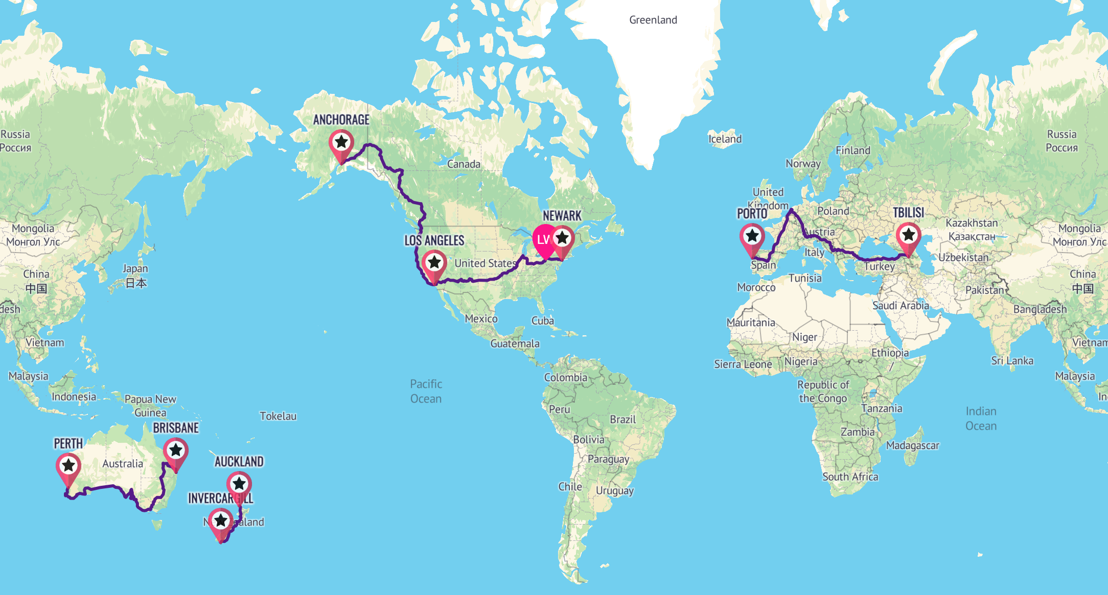 The route that Lael Wilcox has taken to ride around the world.