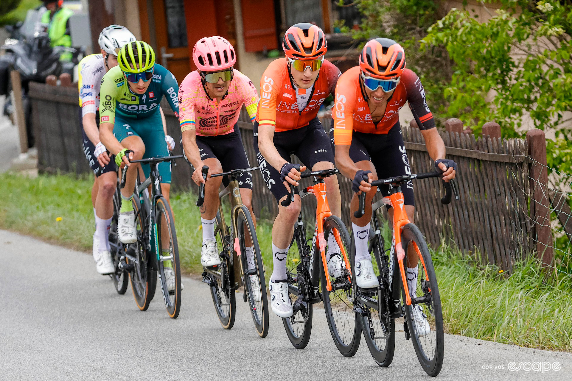 Egan Bernal leads a five-rider favourites group at the Tour de Romandie, teammate Carlos Rodríguez on his wheel.