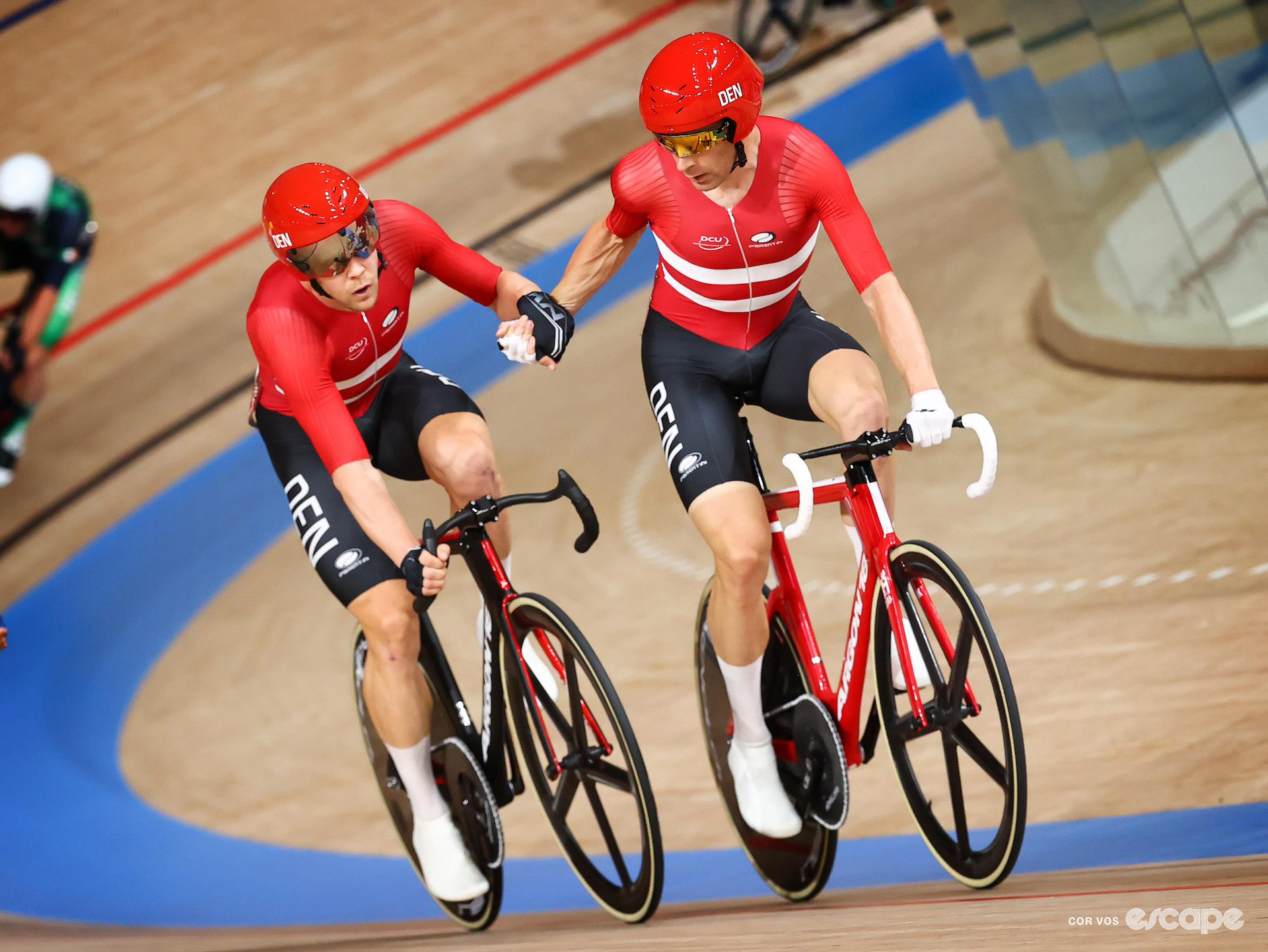 Danish pair Michael Mørkøv and Lasse Norman Hansen (now Leth) on their way to Madison gold at the 2020 Tokyo Olympics.