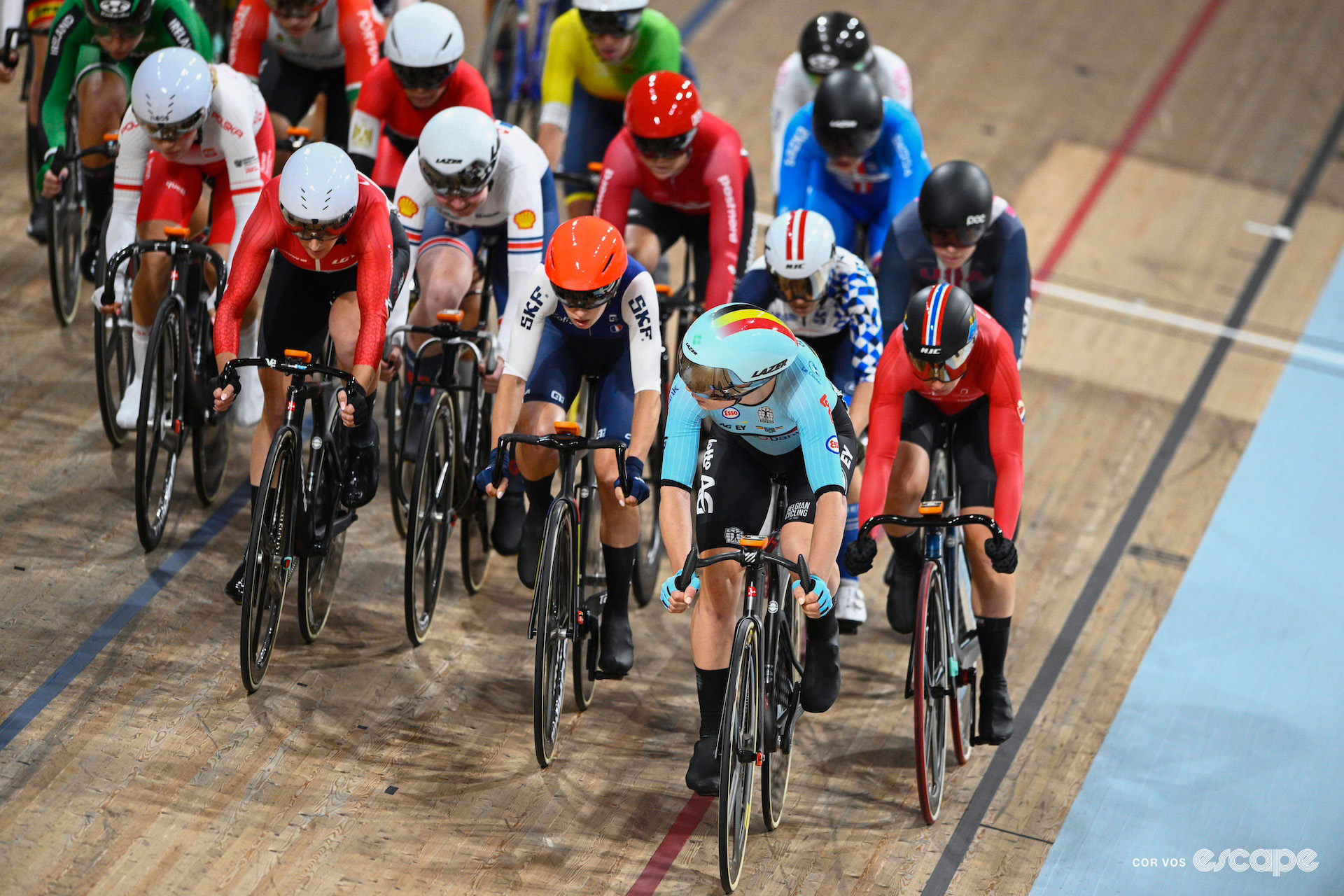 Lotte Kopecky of Belgium leads the bunch during the women's elimination at the 2023 World Championships in Glasgow.