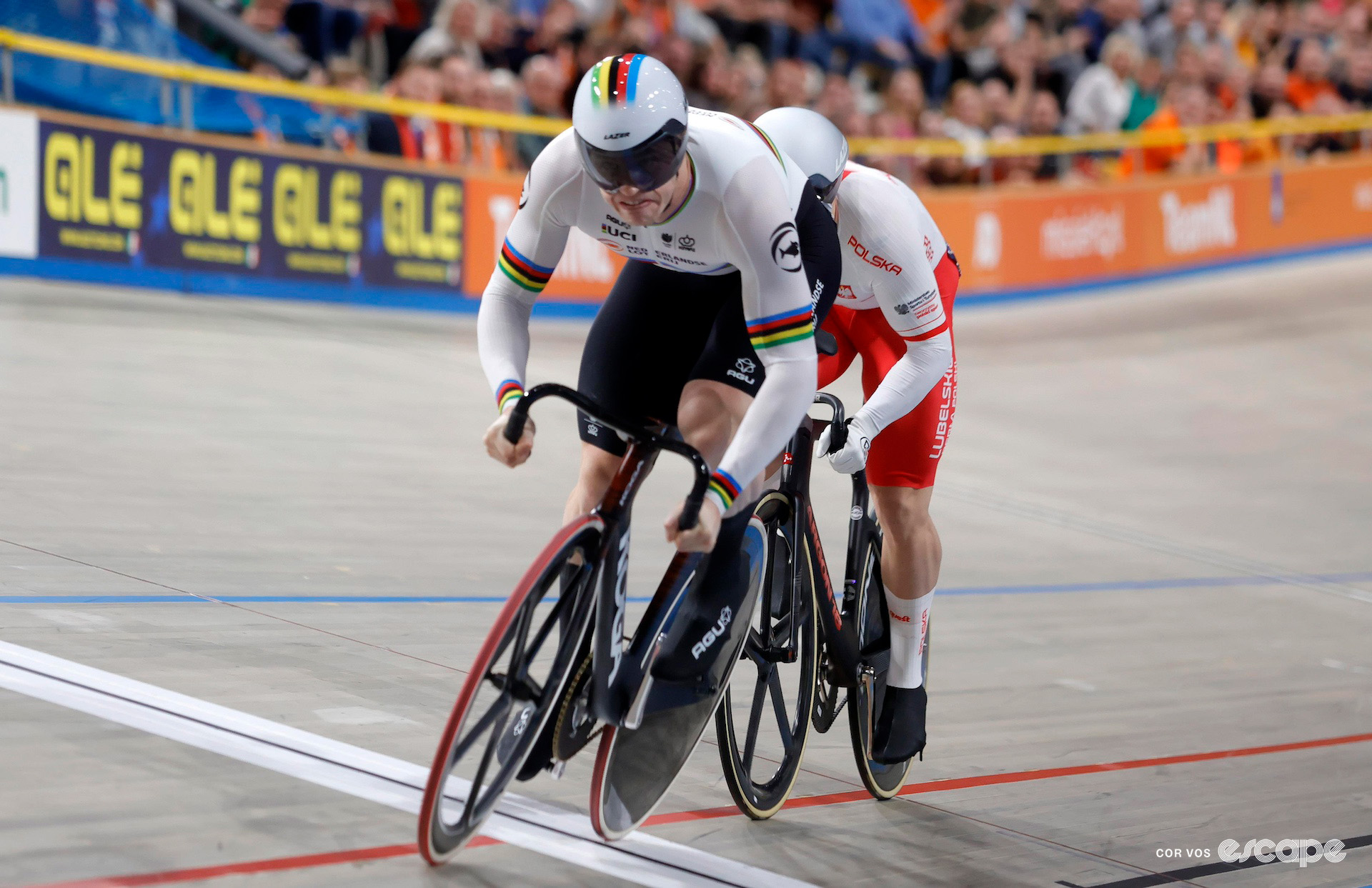 Harrie Lavreysen in the rainbow bands on his way to individual sprint victory at the 2024 European Championships.